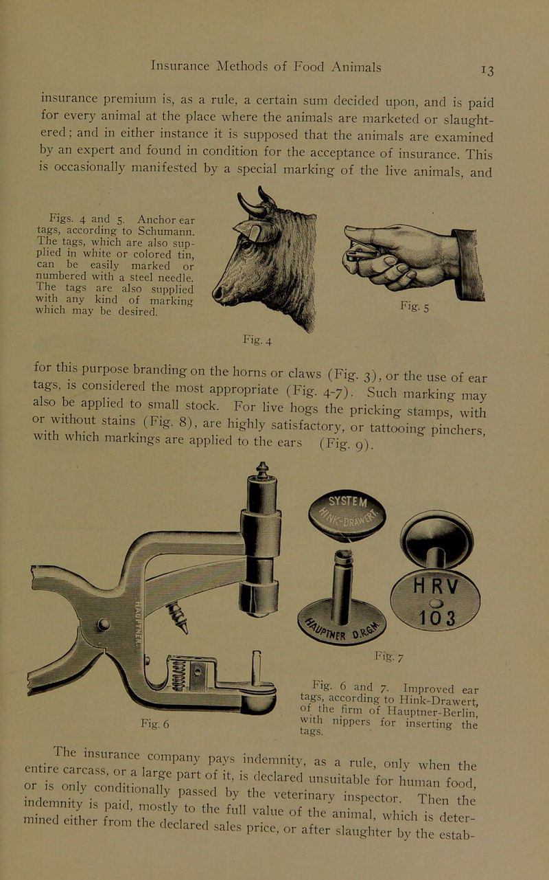 Insurance Methods of Food Animals 13 insurance premium is, as a rule, a certain sum decided upon, and is paid for every animal at the place where the animals are marketed or slaught- ered ; and in either instance it is supposed that the animals are examined by an expert and found in condition for the acceptance of insurance. This is occasionally manifested by a special marking of the live animals, and Figs. 4 and 5. Anchor ear tags, according to Schumann. The tags, which are also sup- plied in white or colored tin, can be easily marked or numbered with a steel needle. The tags are also supplied with any kind of marking which may be desired. for this purpose branding on the horns or claws (Fig. 3), or the use of ear tags is considered the most appropriate (Fig. 4-7). Such marking may also be applied to small stock. For live hogs the pricking stamps! with r without stains (Fig. 8), are highly satisfactory, or tattooing pinchers with which markings are applied to the ears (Fig. 9). Fig. 6 Fig. 7 Fig. 6 and 7- Improved ear tags, according to Hink-Drawert, 0 . the firm of Flauptner-Berlin with nippers for inserting the tags. entirJ^cTo'rC-i|COmPany ’’M indemnity' as a °'y when the nr I nT , ge Pa,t 0f ,s declare(i unsuitable for human food IS only conditionally passed by the veterinary inspector Then the