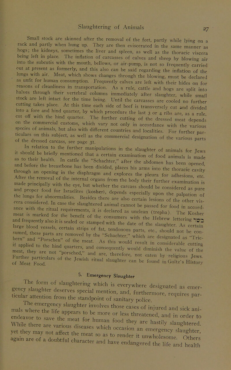 27 Small stock are skinned after the removal of the feet, partly while lying on a rack and partly when hung up. They are then eviscerated in the same manner as hogs; the kidneys, sometimes the liver and spleen, as well as the thoracic viscera being left in place. The inflation of carcasses of calves and sheep by blowing air into the subcutis with the mouth, bellows, or air-pump, is not so frequently carried out at present as formerly, and this also can be said regarding the inflation of the lungs with air. Meat, which shows changes through the blowing, must be declared as unfit for human consumption. Frequently calves are left with their hides on for reasons of cleanliness in transportation. As a rule, cattle and hogs are split into halves through their vertebral columns immediately after slaughter, while small stock are left intact for the time being. Until the carcasses are cooled no further cutting takes place. At this time each side of beef is transversely cut and divided into a fore and hind quarter, by which procedure the last 3 or 4 ribs are, as a rule cut off with the. hind quarter. The further cutting of the dressed meat depends on the commercial customs, which vary not only in accordance with the various species of animals, but also with different countries and localities. For further oar- ticu ars on this subject, as well as the commercial designation of the various parts of the dressed carcass, see page 31. 1 ,, /n elfi0.t° the further manipulations in the slaughter of animals for Jews ff should be briefly mentioned that a certain examination of food animals is made as o their health. In cattle the “Schachter,” after the abdomen has been opened an before the breastbone has been divided, places his arms into the thoracic cavity through an opening ,n the diaphragm and explores the pleura for adhesions etc ^ ter the removal of the internal organs from the body their further examination is . / P1 mcipaHy with the eye, but whether the carcass should be considered as pure d proper food for Israelites (kosher), depends especially upon the palpation of he lungs for abnormalities. Besides there are also certain lesions of the other vis c ra considered. In case the slaughtered animal cannot be passed for food in accorT ance with the ritual requirements, it is declared as unclean (trepha) The Kosher inea ,s marked for the benefit of the consumers with the Hebrew' lettering^ and frequently also it is sealed or stamped with the date of the slaughter As cer^~ zizi ms7cemis,rips °f ,at «*, izi7\:t benATZo 'd ar' Trd by ,e “Schachter ” which designated as -'Trie- if 7 , ’e meat As ,his result in considerable cutting meat tbe A qUarlers’ and consequently would diminish the value of the Forth,. , , porsched,” and are. therefore, not eaten by religious Jews of Meat ^d J'WiSh ri'“al ShaShUr “ b' holla's HfsZy b. Emergency Slaughter The form of slaughtering which is everywhere designated as emer- gency slaughter deserves special mention, and, furthermore requires par ticular attention from the standpoint of sanitary police mals where tlm life ^7 7°'™ ^ ^ “d -k ani- ais Where the life appears to be more or less threntonod ^ i • i . ssmmmrn
