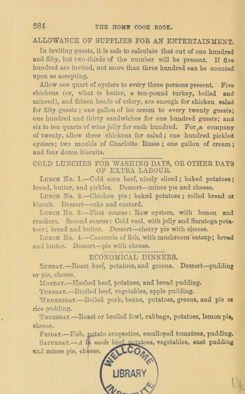 ALLOWANCE OF SUPPLIES FOR AN ENTERTAINMENT, In inviting guests, it is safe to calculate tliat out of one hundred and fifty, but two-thirds of the number will be present. If five hundred are invited, not more than three hundred can be counted upon as accepting. Allow one quart of oysters to every three persons present. Five chickens (or, what is better, a ten-pound turkey, boiled and minced), and fifteen heads of celery, are enough for chicken salad for fifty guests ; one gallon of ice cream to every twenty guests; one hundred and thirty sandwiches for one hundred guests; and six to ten quarts of wine jelly for each hundred. For a company of twenty, allow three chickens for salad; one hundred pickled oysters; two moulds of Charlotte Russe ; one gallon of cream j and four dozen biscuits. COLD LUNCHES FOR WASHING DAYS, OR OTHER DAYS OF EXTRA LABOUR. Lunch No. 1.—Cold corn beef, nicely sliced; baked potatoes; bread, butter, and pickles. Dessert—mince pie and cheese. Lunch No. 2.—Chicken pie ; baked potatoes ; rolled bread oi biscuit. Dessert—cake and custard. Lunch No. 3.—First course: Raw oysters, with lemon and crackers. Second course: Cold veal, with jelly and Saratoga pota- toes ; bread and butter. Dessert—cherry pie with cheese. Lunch No. 4.—Casserole of fish, with mushroom catsup; bread and butter. Dessert—pie with cheese. Sunday.—Roast beef, potatoes, and greens. Dessert—pudding or pie, cheese. Monday.—Hashed beef, potatoes, and bread pudding. Tuesday.—Broiled beef, vegetables, apple pudding. Wednesday.—Boiled pork, beans, potatoes, greens, and pie or rice pudding. Thursday.—Roast or broiled fowl, cabbage, potatoes, lemon pie, cheese. Friday.—Fish, potato croqnottes, escalloped tomatoes, pudding. ECONOMICAL DINNERS. atoes, vegetables, suet pudding