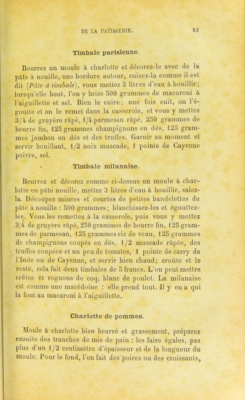 Timbale parisienne. Beurrez un moule à charlotte et decorez-le avec de la pâte à nouille, une bordure autour, cuisez-la comme il est dit {Pâte à timbale), vous mettez 3 litres d’eau à bouillir; lorsqu’elle bout, l’on y brise 500 grammes de macaroni à l’aiguillette et sel. Bien le cuire ; une fois cuit, on l’é- goutte et on le remet dans la casserole, et vous y mettez 3/4 de gruyère râpé, 1/4 parmesan râpé, 250 grammes de beurre fin, 125 grammes champignons en dés, 125 gram- mes jambon en dés et des truffes. Garnir au moment et servir bouillant, 1/2 noix muscade, 1 pointe de Cayenne poivre, sel. - Timbale milanaise. Beurrez et décorez comme ci-dessus un moule à char- lotte en pâte nouille, mettez 3 litres d’eau à bouillir, salez- la. Découpez minces et courtes de petites bandelettes de pâte à nouille : 500 grammes; blanchissez-les et égouttez- les^. Vous les remettez à la casserole, puis vous y mettez 3/4 de gruyère râpé, 250 grammes de beurre fin, 125 gram- mes de parmesan, 125 grammes riz de veau, 125 grammes de champignons coupés en dés, 1/2 muscade râpée, des truffes coupées et un peu de tomates, 1 pointe de carry de l’Inde ou de Cayenne, et servir bien chaud; croûte et le reste, cela fait deux timbales de 5 francs. L’on peut mettre crêtes et rognons de coq, blanc de poulet. La milanaise est comme une macédoine : elle prend tout. Il y en a qui la font au macaroni à l’aiguillette. Gharlotte de pommes. Moule à charlotte bien beurré et grassement, préparez ensuite des tranches de mie de pain : les faire égales, pas plus d’un 1/2 centimètre d’épaisseur et de la longueur du moule. Pour le fond, l’on fait des poires ou des croissants,