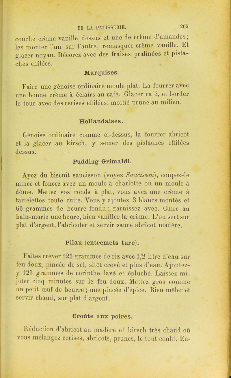 20S couche crème vanille dessus et une de creme d amandes, les monter l’un sur l’autre, remasquer crème vanille. Et glacer noyau. Décorez avec des fraises pralinées et pista- ches effilées. Marquises. Faire une génoise ordinaire moule plat. La fourrer avec une bonne crème à éclairs an café. Glacer café, et border le tour avec des cerises effilées; moitié prune au milieu. Hollandaises. Génoise ordinaire comme ci-dessus, la fourrer abricot et la glacer au kirsch, y semer des pistaches effilées dessus. Pudding Grimaldi. Ayez du biscuit saucisson (voyez Saucisson), coupez-le mince et foncez avec un moule à charlotte ou un moule à dôme. Mettez vos ronds à plat, vous avez une crème à tartelettes toute cuite. Vous y ajoutez 3 blancs montés et 60 grammes de beurre fondu ; garnissez avec. Cuire au bain-marie une heure, bien vaniller la crème. L’on sert sur plat d’argent, l’abricoter et servir sauce abricot madère. Pilau (entremets turc). Faites crever 123 grammes de riz avec 1/2 litre d’eau sur feu doux, pincée de sel, sitôt crevé et plus d’eau. Ajoutez- y 123 grammes de corintbe lavé et épluché. Laissez mi- joter cinq minutes sur le feu doux. Mettez gros comme un petit œuf de beurre ; une pincée d’épice. Bien mêler et servir chaud, sur plat d’argent. Croûte aux poires. Réduction d’abricot au madère et kirsch très chaud où vous mélangez cerises, abricots, prunes, le tout confit. En-