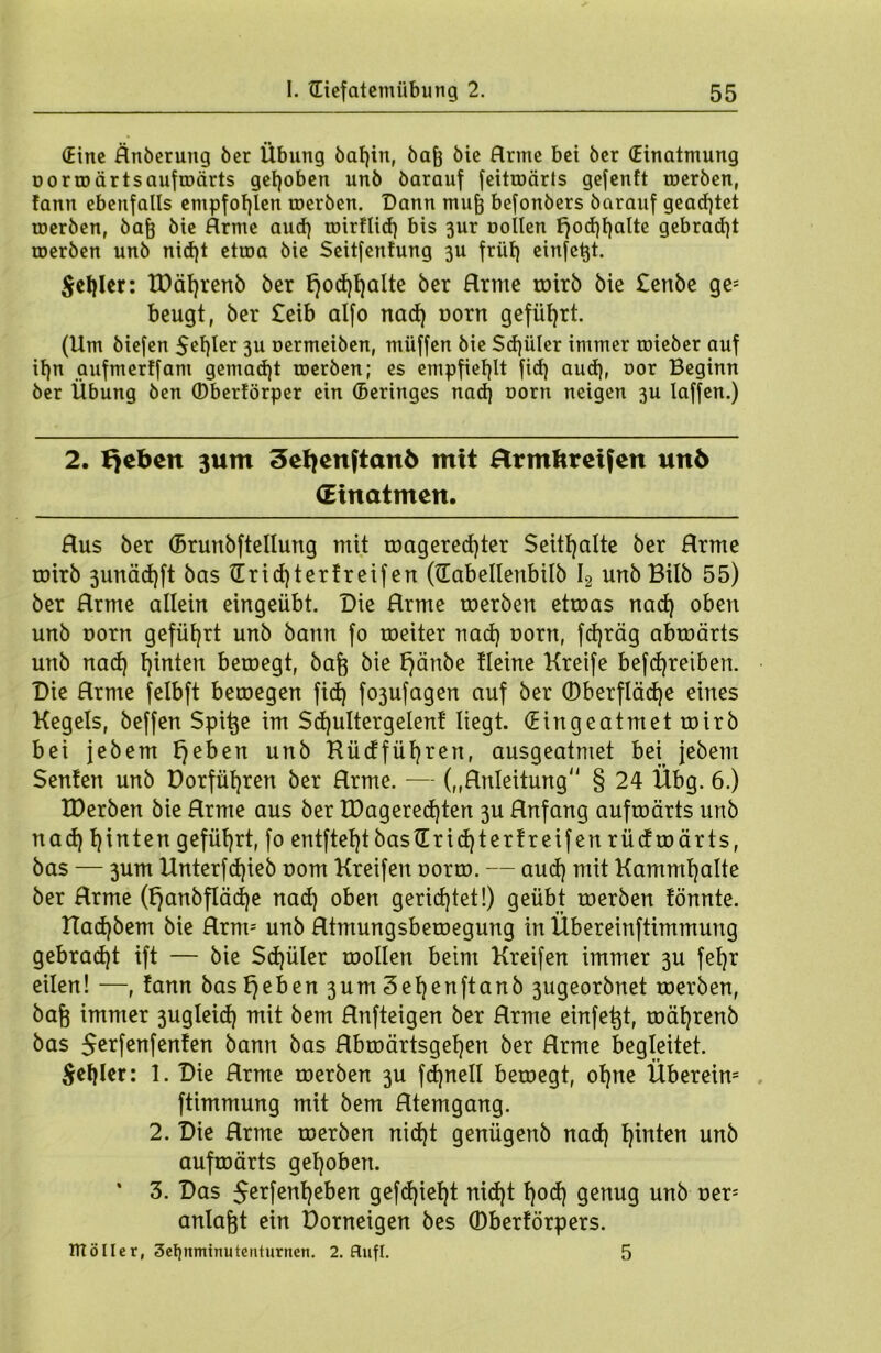 (Eine Rnberung ber Übung baf)inf öafe Me Hrme bei 6er (Einatmung oorroärtsauftoärts gehoben unb barauf feitroärts gefenft roerben, !ann ebenfalls empfohlen werben. Dann mu^ befonbers barauf geachtet werben, bafo bie Arme aud) wirflid) bis 3ur ooilen Jjocfyfjatte gebracht roerben unb nid)t etroa bie Seitfenfung 3U früf) einfetjt. geffler: tDäfjrenb ber t)od)l)alte ber Hrme toirb bie £enbe ge; beugt, ber £eib alfo nad) oorn geführt. (Um biefen 5ef)ler 3U oermeiben, müffen bie Sd)üler immer roieber auf if)n aufm er ff am gemacht roerben; es empfiehlt fid) aud), oor Beginn ber Übung ben (Dberförper ein ©eringes nad) oorn neigen 3U laffen.) 2. lieben 3um 3efyenftani> mit ftrmftretfeit unb dtnatmen. Hus ber (Brunbftellung mit wagered)ter Seithalte ber Hrme toirb 3unäd)ft bas (Irid)terfreifen (dabellenbilb I2 unbBilb 55) ber Hrme allein eingeübt. Die Hrme roerben etroas nad) oben unb oorn geführt unb bann fo roeiter nad) oorn, fdjräg abwärts unb nad) fjinten beroegt, baft bie fjänbe Heine Kreife befd)reiben. Die Hrme felbft betoegen fid) fo3ufagen auf ber (Dberfläcfye eines Kegels, beffen Spitze im $d)ultergelen! liegt. (Eingeatmet toirb bei jebem E)eben unb Küdfüf)ren, ausgeatmet bei jebem Senfen unb Dorfül)ren ber Hrme. — („Hnleitung § 24 Übg. 6.) XDerben bie Hrme aus ber U)agered)ten 3U Hnfang aufwärts unb nad) l) inten geführt, fo entfielt bas (Er id)t erlreifen rüdtoärts, bas — 3um Unterfd)ieb oorn Kreifen oorto. — aud) mit Kammljalte ber Hrme (f)anbfläd)e nad) oben gerichtet!) geübt werben fönnte. Had)bem bie Hrms unb Htmungsbewegung in Übereinftimmung gebracht ift — bie Sd)üler wollen beim Kreifen immer 3U fefjr eilen! —, !ann basf)eben3um3el)enftanb 3ugeorbnet werben, bafj immer 3ugleid) mit bem Hnfteigen ber Hrme einfetjt, wäl)renb bas $erfenfenfen bann bas Hbwärtsgeljen ber Hrme begleitet. $el)ler: 1. Die Hrme werben 3U fdjnell bewegt, ol)ne Übereim ftimmung mit bem Htemgang. 2. Die Hrme werben nid)t genügenb nad) fyinten unb aufwärts gehoben. * 3. Das $erfenl)eben gcfd)iel)t nid)t l)od) genug unb oer= anlaftt ein Dorneigen bes (Dberförpers. ntöller, 3et)nminutenturnen. 2. flufl. 5