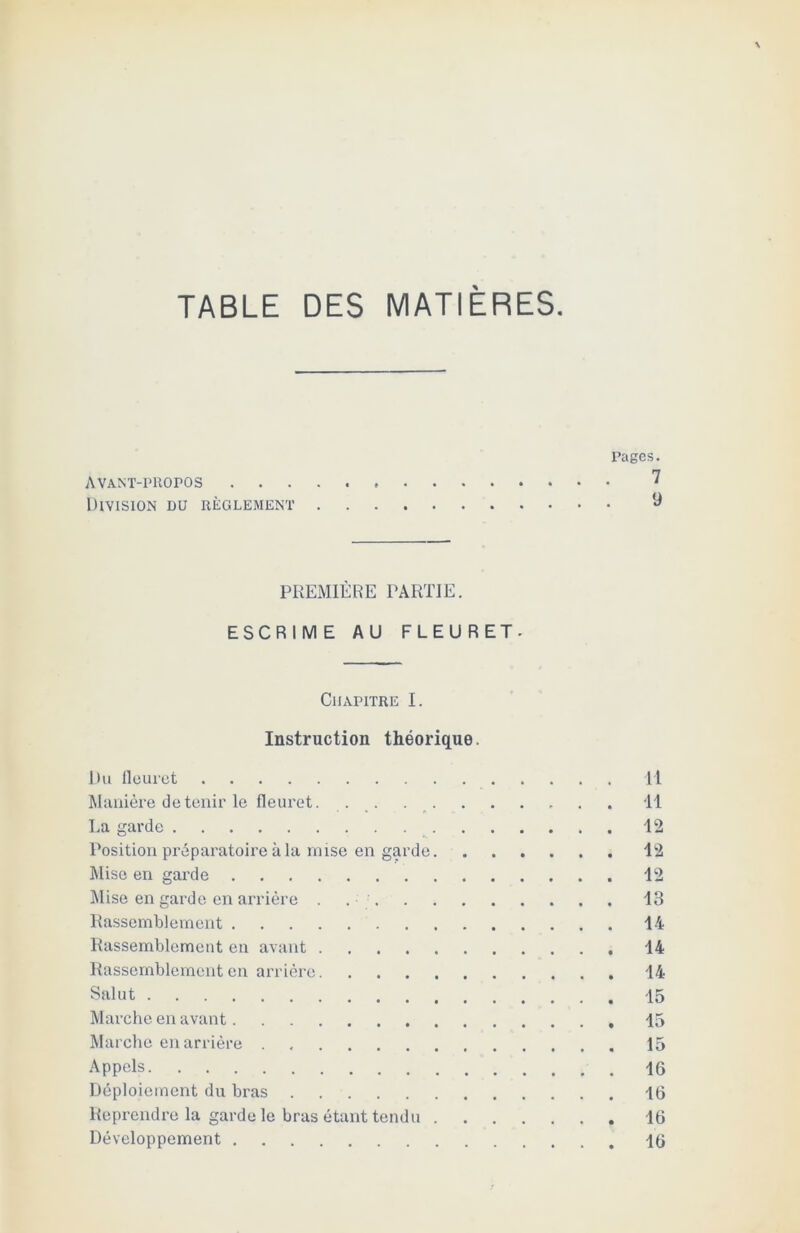 TABLE DES MATIERES Pages. AVANT-PROPOS 7 Division du règlement ^ PREMIÈRE PARTIE. ESCRIME AU FLEURET- Chapitre I. Instruction théorique. Du fleuret Il Manière de tenir le fleuret. . . . . . . . . . . 11 La garde 12 Position préparatoire à la mise en garde 12 Mise en garde 12 Mise en garde en arrière . 13 Rassemblement 14 Rassemblement en avant 14 Rassemblement en arrière 14 Salut 15 Marche en avant 15 Marche en arrière 15 Appels 16 Déploiement du bras 16 Reprendre la garde le bras étant tendu 16 Développement 16