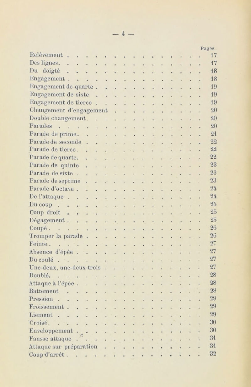 Pages Relèvement 17 Des lignes 17 Du doigté 18 Engagement 18 Engagement de quarte 19 Engagement de sixte 19 Engagement de tierce 19 Changement d’engagement 20 Double changement 20 Parades 20 Parade de prime 21 Parade de seconde 22 Parade de tierce 22 Parade de quarte 22 Parade de quinte 23 Parade de sixte 23 Parade de septime 23 Parade d’octave 24 De l’attaque 24 Du coup 25 Coup droit 25 Dégagement 25 Coupé 26 Tromper la parade 26 F einte 27 Absence d’épée 27 Du coulé 27 Une-deux, une-deux-trois 27 Doublé 28 Attaque à l’épée 28 Battement 28 Pression 29 Froissement 29 Liement 29 Croisé 30 Enveloppement . ^ 30 Fausse attaque 31 Attaque sur préparation 31 Coup d’arrêt 32