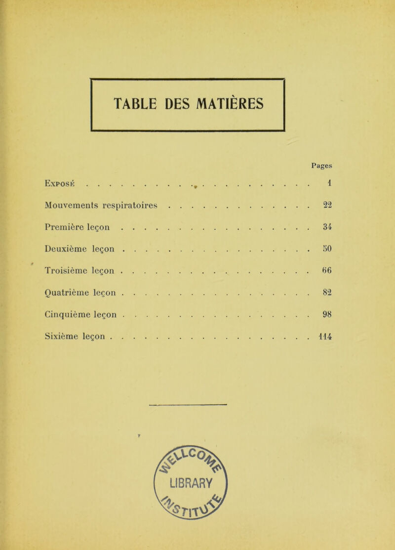 TABLE DES MATIERES Pages Exposé , 1 Mouvements respiratoires 22 Première leçon . 3i Deuxième leçon 30 Troisième leçon 06 Quatrième leçon 82 Cinquième leçon 98 Sixième leçon T14