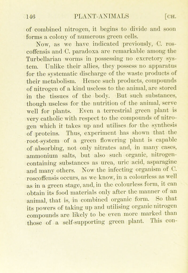 of combined nitrogen, it begins to divide and soon forms a colony of numerous green cells. Now, as we have indicated previously, 0. ros- cotfensis and C. paradoxa are remarkable among the Turbellarian worms in possessing no excretory sys- tem. Unlike their allies, they possess no apparatus for the systematic discharge of the waste products of their metabolism. Hence such products, compounds of nitrogen of a kind useless to the animal, are stored in the tissues of the body. But such substances, though useless for the nutrition of the animal, serve well for plants. Even a terrestrial green plant is very catholic with respect to the compounds of nitro- gen which it takes up and utilises for the synthesis of proteins. Thus, experiment has shown that the root-system of a green flowering plant is capable of absorbing, not only nitrates and, in many cases, ammonium salts, but also such organic, nitrogen- containing substances as urea, uric acid, asparagine and many others. Now the infecting organism of C. roscoffensis occurs, as we know, in a colourless as well as in a green stage, and, in the colourless form, it can obtain its food materials only after the manner of an animal, that is, in combined organic form. So that its powers of taking up and utilising organic niti ogen compounds are likely to be even more marked than those of a self-supporting green plant. This con-