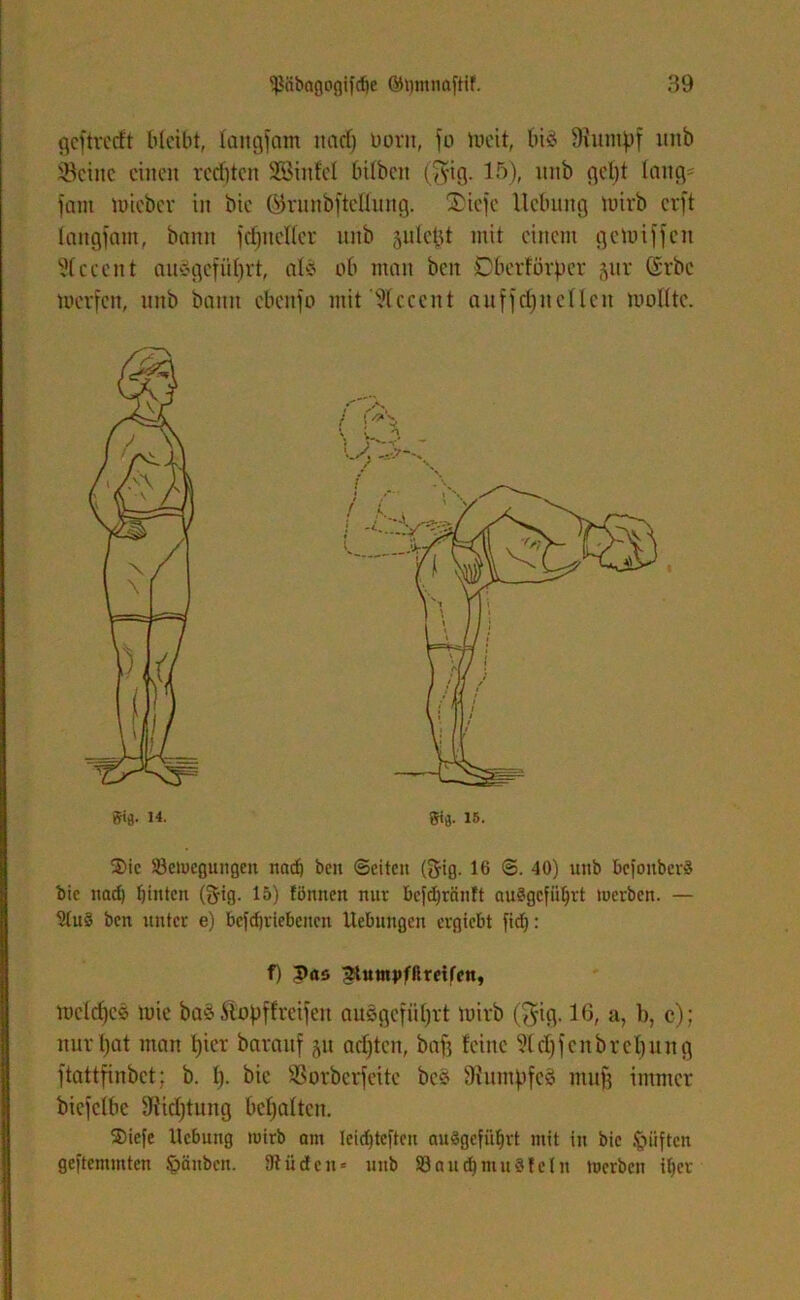 geftredt bleibt, langsam nad) Dorn, fu Weit, bi§ 9lumpf linb Skiitc einen rechten Söinfcl hüben (Tyig. 15), ttnb gel)t laug* fant wicber in bie ©rinibftellung. Sie je Hebung Wirb erft langfant, bann fdjnellcr uttb aulctrt mit einem gcWiffcit 9lcccnt auSgefüljrt, als ob matt beit Ober für per jur (Srbe Werfen, uttb bann cbenfo mit '9lcccnt auffrf)itc 11ctt wollte. 8% 14. $ic Söelueguitgeit nad) ben ©eiten (ftig. 16 ©. 40) unb befouberä bie nad) hinten (S-ig. 15) tonnen mtr Befdjränft auSgcfiitjrt werben. — 2tu§ ben unter e) betriebenen Uebungeit ergiebt fid): f) 3>as ^iutnjjfßrrifcn, welcfjcs wie ba§ Slopffreifen auögcfüprt wirb ($ig. 1(3, a, b, c); nurl)üt man t)ier barauf 51t adjten, baff feine 9ld)fenbref)ung ftattfinbet; b. f). bie SSorberfeite bcs 9iitntpfc3 muff immer bicfclbc 9iid)tuitg bcljaltcn. ®iefe Hebung luirb am leidjteften au$gefiüjrt mit in bie Jgiiften geftemmten tpäuben. 0?iicfeit = unb SöaudjmuSfeln toerben ifyer