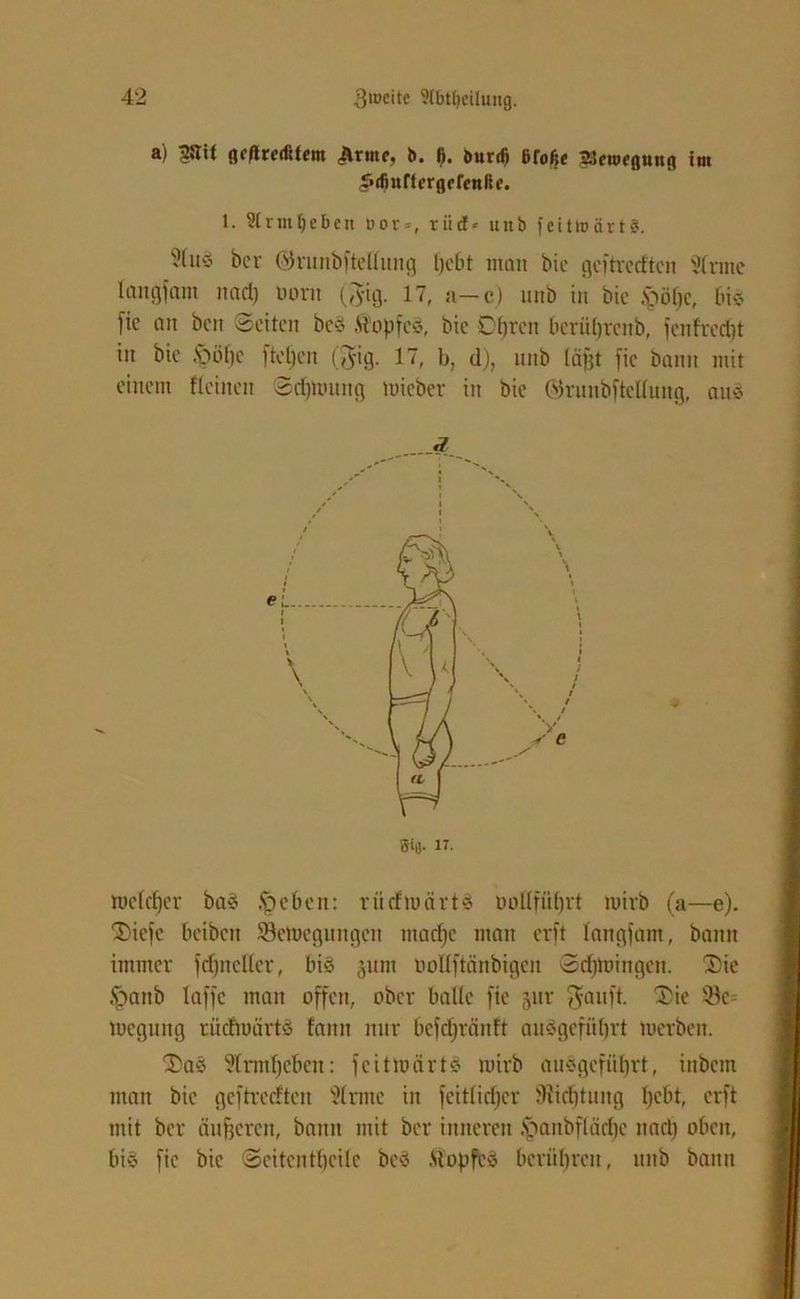 a) Wt flc/lmfilem Dritte, t». 6. t>urd) fjrofje 33ewfßung im ^»(fiurterßrrfnlif. 1. Slrmljeben uov = , rüd* unb fcittoärtg. '(uS ber Gh*unbfteHuug Ijebt man bic geftrccftcn üfrmc langfam nad) uorn ($ig. 17, a—c) unb in bic §ö()c, bis fie an ben ©eiten beö Jlt'opfcS, bic Obren beritt)renb, fenfred)t in bic .'pötjc fteljen (J-ig. 17, b, d), unb läjjt fie bann mit einem fteinen ©dfwung mieber in bie ©runbftellung, aus «7 welcher baS tpcbeit: rücfwärtS üoHfüljrt wirb (a—e). 3)icfc beibcti ^Bewegungen ntadjc man erft langfam, bann immer fdjncller, bis §um uoUftänbigeit 3d)Wingeu. T>ie tpartb laffc man offen, ober balle fie jur ffauft. Oie toegung aufwärts fann nur befcfjrättft auSgefüfjrt merbeit. 2>aS 9(rmf)eben: feitwärts wirb auögefütjrt, tnbem man bic geftrccftcn s)lrmc in feitlidjcr 9Hd)tung bebt, erft mit ber äußeren, bann mit ber inneren tpanbflädje nad) oben, bi§ fie bic ©eitcntbeile beS ftopfcS berühren, unb bann