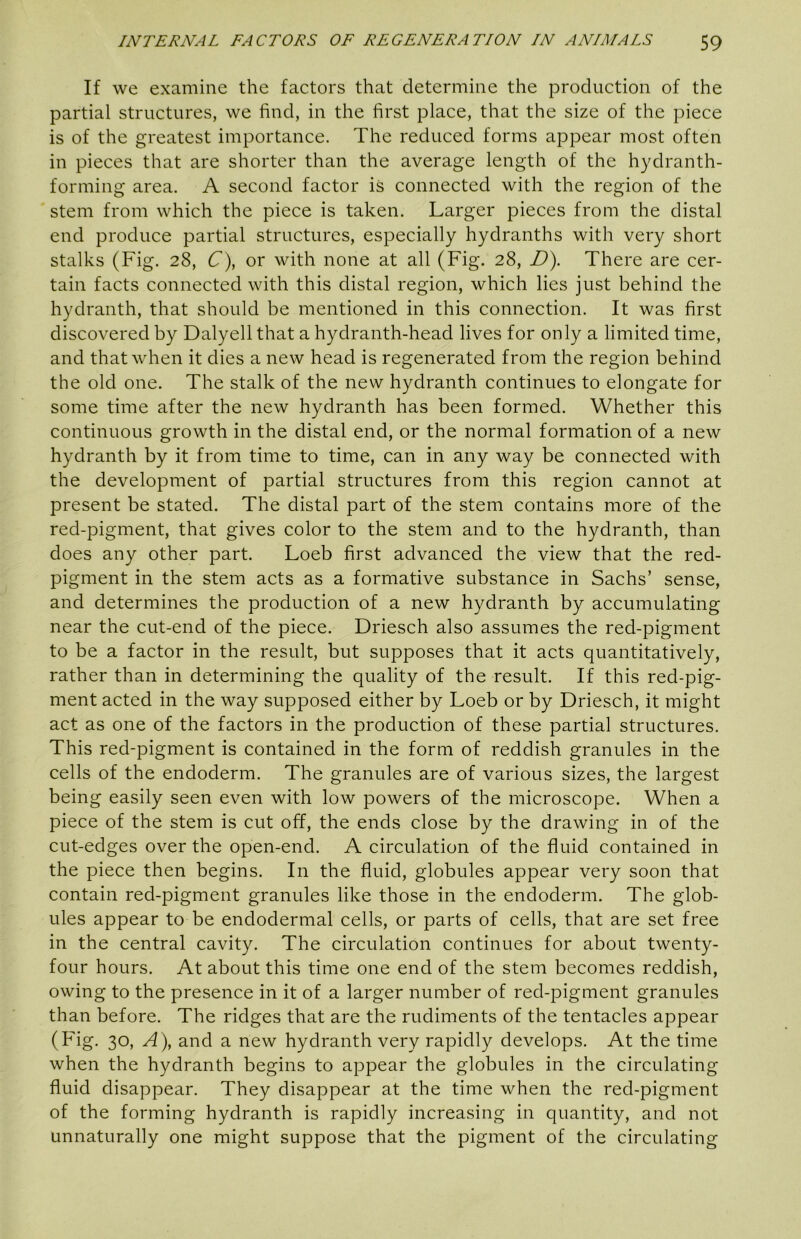 If we examine the factors that determine the production of the partial structures, we find, in the first place, that the size of the piece is of the greatest importance. The reduced forms appear most often in pieces that are shorter than the average length of the hydranth- forming area. A second factor is connected with the region of the stem from which the piece is taken. Larger pieces from the distal end produce partial structures, especially hydranths with very short stalks (Fig. 28, C), or with none at all (Fig. 28, Z>). There are cer- tain facts connected with this distal region, which lies just behind the hydranth, that should be mentioned in this connection. It was first discovered by Dalyell that a hydranth-head lives for only a limited time, and that when it dies a new head is regenerated from the region behind the old one. The stalk of the new hydranth continues to elongate for some time after the new hydranth has been formed. Whether this continuous growth in the distal end, or the normal formation of a new hydranth by it from time to time, can in any way be connected with the development of partial structures from this region cannot at present be stated. The distal part of the stem contains more of the red-pigment, that gives color to the stem and to the hydranth, than does any other part. Loeb first advanced the view that the red- pigment in the stem acts as a formative substance in Sachs’ sense, and determines the production of a new hydranth by accumulating near the cut-end of the piece. Driesch also assumes the red-pigment to be a factor in the result, but supposes that it acts quantitatively, rather than in determining the quality of the result. If this red-pig- ment acted in the way supposed either by Loeb or by Driesch, it might act as one of the factors in the production of these partial structures. This red-pigment is contained in the form of reddish granules in the cells of the endoderm. The granules are of various sizes, the largest being easily seen even with low powers of the microscope. When a piece of the stem is cut off, the ends close by the drawing in of the cut-edges over the open-end. A circulation of the fluid contained in the piece then begins. In the fluid, globules appear very soon that contain red-pigment granules like those in the endoderm. The glob- ules appear to be endodermal cells, or parts of cells, that are set free in the central cavity. The circulation continues for about twenty- four hours. At about this time one end of the stem becomes reddish, owing to the presence in it of a larger number of red-pigment granules than before. The ridges that are the rudiments of the tentacles appear (Fig. 30, A), and a new hydranth very rapidly develops. At the time when the hydranth begins to appear the globules in the circulating fluid disappear. They disappear at the time when the red-pigment of the forming hydranth is rapidly increasing in quantity, and not unnaturally one might suppose that the pigment of the circulating