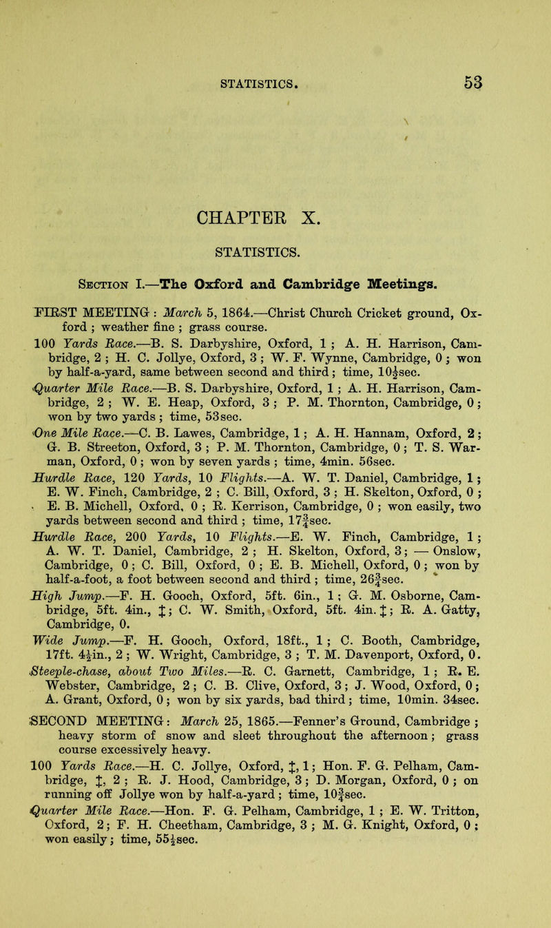 CHAPTER X. STATISTICS. Section I.—The Oxford and Cambridge Meetings. FIRST MEETING : March 5, 1864.—Christ Church Cricket ground, Ox- ford ; weather fine ; grass course. 100 Yards Race.—B. S. Darbyshire, Oxford, 1 ; A. H. Harrison, Cam- bridge, 2 ; H. C. Jollye, Oxford, 3 ; W. F. Wynne, Cambridge, 0 ; won by half-a-yard, same between second and third; time, lO^sec. Quarter Mile Race.—B. S. Darbyshire, Oxford, 1 ; A. H. Harrison, Cam- bridge, 2 ; W. E. Heap, Oxford, 3 ; P. M. Thornton, Cambridge, 0; won by two yards ; time, 53sec. One Mile Race.—C. B. Lawes, Cambridge, 1; A. H. Hannam, Oxford, 2 ; G-. B. Streeton, Oxford, 3 ; P. M. Thornton, Cambridge, 0; T. S. War- man, Oxford, 0 ; won by seven yards ; time, 4min. 56sec. ilurdle Race, 120 Yards, 10 Flights.—A. W. T. Daniel, Cambridge, 1; E. W. Finch, Cambridge, 2 ; C. Bill, Oxford, 3 ; H. Skelton, Oxford, 0 ; • E. B. Michell, Oxford, 0 ; R. Kerrison, Cambridge, 0 ; won easily, two yards between second and third ; time, 17fsec. Hurdle Race, 200 Yards, 10 Flights.—E. W. Finch, Cambridge, 1 ; A. W. T. Daniel, Cambridge, 2 ; H. Skelton, Oxford, 3; — Onslow, Cambridge, 0 ; C. Bill, Oxford, 0 ; E. B. Michell, Oxford, 0; won by half-a-foot, a foot between second and third ; time, 26jsec. High Jump.—F. H. Gooch, Oxford, 5ft. 6in., 1 ; G. M. Osborne, Cam- bridge, 5ft. 4in., J; C. W. Smith, Oxford, 5ft. 4in. J; R. A. Gatty, Cambridge, 0. Wide Jump.—F. H. Gooch, Oxford, 18ft., 1 ; C. Booth, Cambridge, 17ft. 4^in., 2; W. Wright, Cambridge, 3 ; T. M. Davenport, Oxford, 0. Steeple-chase, about Two Miles.—R. C. Garnett, Cambridge, 1 ; R. E. Webster, Cambridge, 2 ; C. B. Clive, Oxford, 3; J. Wood, Oxford, 0; A. Grant, Oxford, 0; won by six yards, bad third; time, lOmin. 34sec. '-SECOND MEETING: March 25, 1865.—Fenner’s Ground, Cambridge ; heavy storm of snow and sleet throughout the afternoon; grass course excessively heavy. 100 Yards Race.—H. C. Jollye, Oxford, J, 1; Hon. F. G. Pelham, Cam- bridge, J, 2 ; R. J. Hood, Cambridge, 3; D. Morgan, Oxford, 0 ; on running off Jollye won by half-a-yard ; time, lOfsec. Quarter Mile Race.—Hon. F. G. Pelham, Cambridge, 1 ; E. W. Tritton, Oxford, 2; F. H. Cheetham, Cambridge, 3 ; M. G. Knight, Oxford, 0 ; won easily; time, 55^ sec.