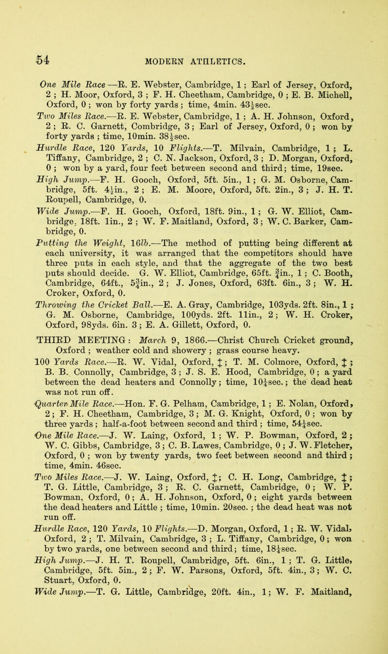 One Mile Race —R. E. Webster, Cambridge, 1; Earl of Jersey, Oxford, 2 ; H. Moor, Oxford, 3 ; F. H. Cheetham, Cambridge, 0 ; E. B. Michell, Oxford, 0 ; won by forty yards ; time, 4min. 43^sec. Tiuo Miles Race.—R. E. Webster, Cambridge, 1 ; A. H. Johnson, Oxford, 2 ; R. C. Garnett, Combridge, 3; Earl of Jersey, Oxford, 0 ; won by forty yards ; time, lOmin. 38|sec. Hurdle Race, 120 Yards, 10 Flights.—T. Milvain, Cambridge, 1 ; L. Tiffany, Cambridge, 2 ; C. N. Jackson, Oxford, 3 ; D. Morgan, Oxford, 0 ; won by a yard, four feet between second and third; time, 19sec. High Jump.—F. H. Gooch, Oxford, 5ft. 5in., 1; G. M. Osborne, Cam- bridge, 5ft. 4|in., 2 ; E. M. Moore, Oxford, 5ft. 2in., 3 ; J. H. T. Roupell, Cambridge, 0. Wide Jump.—F. H. Gooch, Oxford, 18ft. 9in., 1 ; G. W. Elliot, Cam- bridge, 18ft. lin., 2 ; W. F. Maitland, Oxford, 3; W. C. Barker, Cam- bridge, 0. Putting the Weight, 16lb.—The method of putting being different at each university, it was arranged that the competitors should have three puts in each style, and that the aggregate of the two best puts should decide. G. W. Elliot, Cambridge, 65ft. fin., 1 ; C. Booth, Cambridge, 64ft., 5jin., 2 ; J. Jones, Oxford, 63ft. 6in., 3 ; W. H. Croker, Oxford, 0. Throwing the Cricket Ball.—E. A. Gray, Cambridge, 103yds. 2ft. 8in., 1 ; G. M. Osborne, Cambridge, 100yds. 2ft. llin., 2; W. H. Croker, Oxford, 98yds. 6in. 3; E. A. Gillett, Oxford, 0. THIRD MEETING : March 9, 1866.—Christ Church Cricket ground, Oxford ; weather cold and showery ; grass course heavy. 100 Yards Race.—R. W. Yidal, Oxford, J; T. M. Colmore, Oxford, J ; B. B. Connolly, Cambridge, 3 ; J. S. E. Hood, Cambridge, 0; a yard between the dead heaters and Connolly; time, lO^sec.; the dead heat was not run off. Quarter Mile Race.—Hon. F. G. Pelham, Cambridge, 1; E. Nolan, Oxford, 2; F. H. Cheetham, Cambridge, 3; M. G. Knight, Oxford, 0 ; won by three yards ; half-a-foot between second and third ; time, 54^sec. One Mile Race.—J. W. Laing, Oxford, 1; W. P. Bowman, Oxford, 2 ; W. C. Gibbs, Cambridge, 3 ; C. B. Lawes. Cambridge, 0 ; J. W. Fletcher, Oxford, 0 ; won by twenty yards, two feet between second and third ; time, 4min. 46sec. Two Miles Race.—J. W. Laing, Oxford, J; C. H. Long, Cambridge, J ; T. G. Little, Cambridge, 3; R. C. Garnett, Cambridge, 0; W. P. Bowman, Oxford, 0 ; A. H. Johnson, Oxford, 0 ; eight yards between the dead heaters and Little ; time, lOmin. 20sec. ; the dead heat was not run off. Hurdle Race, 120 Yards, 10 Flights.—D. Morgan, Oxford, 1; R. W. VidaL Oxford, 2 ; T. Milvain, Cambridge, 3 ; L. Tiffany, Cambridge, 0; won by two yards, one between second and third; time, 18isec. High Jump.—J. H. T. Roupell, Cambridge, 5ft. 6in., 1 ; T. G. Little» Cambridge, 5ft. 5in., 2 ; F. W. Parsons, Oxford, 5ft. 4in., 3; W. C. Stuart, Oxford, 0. Wide Jump.—T. G. Little, Cambridge, 20ft. 4in., 1; W. F. Maitland,