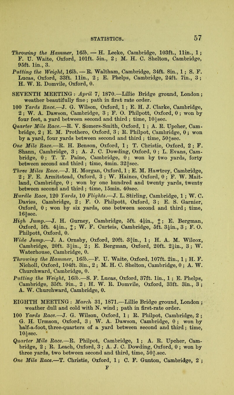 Throwing the Hammer, 16Z5. — H. Leeke, Cambridge, 103ft., llin., 1 ; F. U. Waite, Oxford, 101ft. 5in., 2; M. H. C. Shelton, Cambridge, 95ft. lin., 3. Putting the Weight, 1 Gib.—R. Waltham, Cambridge, 34ft. 8in., 1 ; S. F. Lucas, Oxford, 33ft. llin., 2 ; E. Phelps, Cambridge, 24ft. 7in., 3 ; H. W. R. Domvile, Oxford, 0. SEVENTH MEETING: April 7, 1870.—Lillie Bridge ground, London; weather beautifully fine; path in first rate order. 100 Yards Race.—J. G. Wilson, Oxford, 1; E. H. J. Clarke, Cambridge, 2 ; W. A. Dawson, Cambridge, 3 ; F. O. Philpott, Oxford, 0 ; won by four feet, a yard between second and third ; time, 10-^sec. Quarter Mile Race.—R. V. Somers-Smith, Oxford, 1 ; A. R. Upcher, Cam- bridge, 2 ; E. M. Prothero, Oxford, 3 ; R. Philpot, Cambridge, 0; won by a yard, four yards between second and third ; time, 50f sec. One Mile Race.—R. H. Benson, Oxford, 1; T. Christie, Oxford, 2 ; F. Shann, Cambridge, 3 ; A. J. C. Dowding, Oxford, 0 ; L. Evans, Cam- bridge, 0; T. T. Paine, Cambridge, 0; won by two yards, forty between second and third; time, 4min. 32f sec. Three Miles Race.—J. H. Morgan, Oxford, 1; E. M. Hawtrey, Cambridge, 2; F. E. Armitstead, Oxford, 3 ; W. Haines, Oxford, 0 ; F. W. Mait- land, Cambridge, 0 ; won by one hundred and twenty yards, twenty between second and third; time, 15min. 40sec. Hurdle Race, 120 Yw'ds, 10 Flights.—J. L. Stirling, Cambridge, 1 ; W. C. Davies, Cambridge, 2; F. O. Philpott, Oxford, 3; E. S. Gamier, Oxford, 0 ; won by six yards, one between second and third; time, 16fsec. High Jump.—J. H. Gurney, Cambridge, 5ft. 4iin., J; E. Bergman, Oxford, 5ft. 4^in., J; W. F. Curteis, Cambridge, 5ft. 3|in., 3 ; F. O. Philpott, Oxford, 0. Wide Jump.—J. A. Ornsby, Oxford, 20ft. 3fin., 1; H. A. M. Wilcox, Cambridge, 20ft. 3|in., 2; E. Bergman, Oxford, 20ft. 2^in., 3 ; W. Waterhouse, Cambridge, 0. Throwing the Hammer, 1615.—F. U. Waite, Oxford, 107ft. 2in., 1; H. F. Nicholl, Oxford, 104ft. 3in., 2 ; M. H. C. Shelton, Cambridge, 0 ; A. W. Churchward, Cambridge, 0. Putting the Weight, 1615.—S. F. Lucas, Oxford, 37ft. lin., 1 ; E. Phelps, Cambridge, 35ft. 9in., 2; H. W. R. Domvile, Oxford, 33ft. 3in., 3 ; A. W. Churchward, Cambridge, 0. EIGHTH MEETING : March 31, 1871.—Lillie Bridge ground, London ; weather dull and cold with N. wind; path in first-rate order. 100 Yards Race.—J. G. Wilson, Oxford, 1; R. Philpot, Cambridge, 2 ; G. H. Urmson, Oxford, 3 ; W. A. Dawson, Cambridge, 0 ; won by half-a-foot, three-quarters of a yard between second and third; time, 10^-sec. Quarter Mile Race.—R. Philpot, Cambridge, 1 ; A. R. Upcher, Cam- bridge, 2 ; R. Leach, Oxford, 3; A. J. C. Dowding, Oxford, 0 ; won by three yards, two between second and third, time, 50f .sec. One Mile Race.—T. Christie, Oxford, 1; C. F. Gunton, Cambridge, 2 ; F