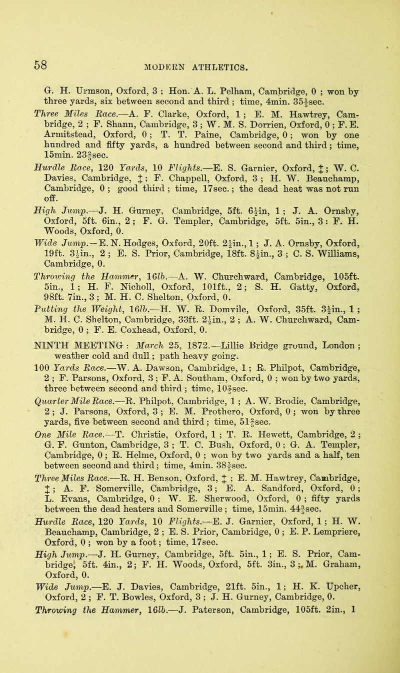 G. H. Urmson, Oxford, 3 ; Hon. A. L. Pelham, Cambridge, 0 ; won by three yards, six between second and third; time, 4min. 35f sec. Three Miles Race.—A. F. Clarke, Oxford, 1 ; E. M. Hawtrey, Cam- bridge, 2 ; F. Shann, Cambridge, 3; W. M. S. Dorrien, Oxford, 0 ; F. E. Armitstead, Oxford, 0; T. T. Paine, Cambridge, 0; won by one hundred and fifty yards, a hundred between second and third; time, 15min. 23fsec. Hurdle Race, 120 Yards, 10 Flights.—E. S. Gamier, Oxford, J; W. C. Davies, Cambridge, J; F. Chappell, Oxford, 3 ; H. W. Beauchamp, Cambridge, 0; good third; time, 17 sec.; the dead heat was not run off. High Jump.—J. H. Gurney, Cambridge, 5ft. 6^in, 1 ; J. A. Ornsby, Oxford, 5ft. 6in., 2 ; F. G. Templer, Cambridge, 5ft. 5in., 3 : F. H. Woods, Oxford, 0. Wide Jump.—E. N. Hodges, Oxford, 20ft. 2^in., 1 ; J. A. Ornsby, Oxford, 19ft. 3^in., 2 ; E. S. Prior, Cambridge, 18ft. 8|in., 3 ; C. S. Williams, Cambridge, 0. Throwing the Hammer, 1 Qlb.—A. W. Churchward, Cambridge, 105ft. 5in., 1; H. F. Nicholl, Oxford, 101ft., 2; S. H. Gatty, Oxford, 98ft. 7in., 3 ; M. H. C. Shelton, Oxford, 0. Putting the Weight, 16lb.—H. W. B. Domvile, Oxford, 35ft. 3^in., 1 ; M. H. C. Shelton, Cambridge, 33ft. 2^in., 2 ; A. W. Churchward, Cam- bridge, 0 ; F. E. Coxhead, Oxford, 0. NINTH MEETING : March 25, 1872.—Lillie Bridge ground, London ; weather cold and dull; path heavy going. 100 Yards Race.—W. A. Dawson, Cambridge, 1 ; JR. Philpot, Cambridge, 2 ; F. Parsons, Oxford, 3 ; F. A. Southam, Oxford, 0 ; won by two yards, three between second and third ; time, 1 Of sec. Quarter Mile Race.—B. Philpot, Cambridge, 1 ; A. W. Brodie, Cambridge, 2; J. Parsons, Oxford, 3 ; E. M. Prothero, Oxford, 0 ; won by three yards, five between second and third; time, 5 If sec. One Mile Race.—T. Christie, Oxford, 1 ; T. B. Hewett, Cambridge, 2 ; G. F. Gunton, Cambridge, 3 ; T. C. Bush, Oxford, 0 ; G. A. Templer, Cambridge, 0; B. Helme, Oxford, 0 ; won by two yards and a half, ten between second and third; time, 4min. 38f sec. Three Miles Race.—B. H. Benson, Oxford, J ; E. M. Hawtrey, Cambridge, J; A. F. Somerville, Cambridge, 3; E. A. Sandford, Oxford, 0; L. Evans, Cambridge, 0; W. E. Sherwood, Oxford, 0 ; fifty yards between the dead heaters and Somerville ; time, 15min. 44fsec. Hurdle Race, 120 Yards, 10 Flights.—E. J. Gamier, Oxford, 1; H. W. Beauchamp, Cambridge, 2 ; E. S. Prior, Cambridge, 0 ; E. P. Lempriere, Oxford, 0 ; won by a foot; time, 17sec. High Jump.—J. H. Gurney, Cambridge, 5ft. 5in., 1 ; E. S. Prior, Cam- bridge; 5ft. 4in., 2; F. H. Woods, Oxford, 5ft. 3in., 3 ;. M. Graham, Oxford, 0. Wide Jump.—E. J. Davies, Cambridge, 21ft. 5in., 1; H. K. Upcher, Oxford, 2 ; F. T. Bowles, Oxford, 3 ; J. H. Gurney, Cambridge, 0. Throwing the Hammer, 1615.—J. Paterson, Cambridge, 105ft. 2in., 1