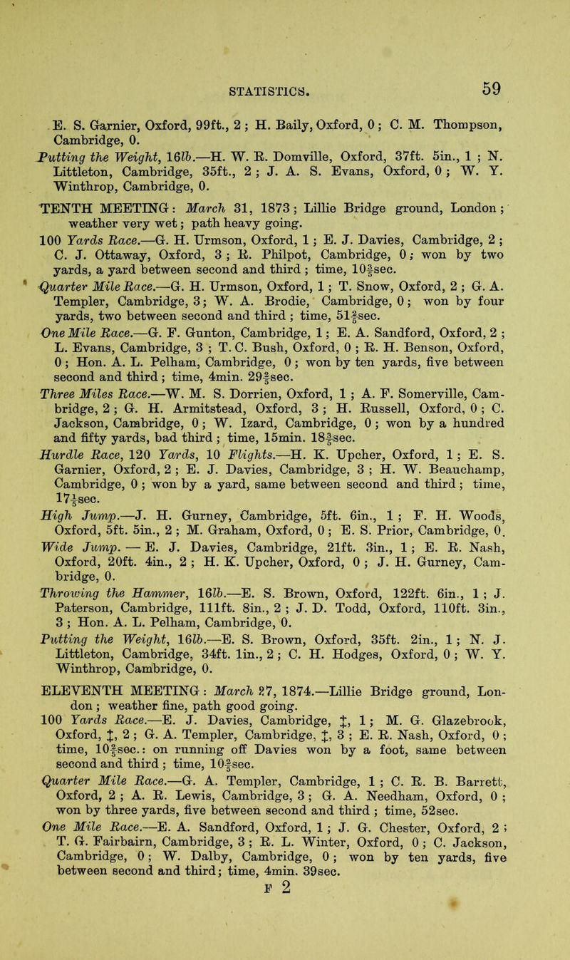 E. S. Gamier, Oxford, 99ft., 2 ; H. Baily, Oxford, 0; C. M. Thompson, Cambridge, 0. Putting the Weight, 16lb.—H. W. B. Domville, Oxford, 37ft. 5in., 1 ; N. Littleton, Cambridge, 35ft., 2 ; J. A. S. Evans, Oxford, 0 ; W. Y. Winthrop, Cambridge, 0. TENTH MEETING: March 31, 1873; Lillie Bridge ground, London; weather very wet; path heavy going. 100 Yards Race.—G. H. Urmson, Oxford, 1; E. J. Davies, Cambridge, 2 ; C. J. Ottaway, Oxford, 3 ; B. Philpot, Cambridge, 0; won by two yards, a yard between second and third ; time, 1 Of sec. Quarter Mile Race.—G. H. Urmson, Oxford, 1; T. Snow, Oxford, 2 ; G. A. Templer, Cambridge, 3; W. A. Brodie, Cambridge, 0; won by four yards, two between second and third ; time, 51fsec. One Mile Race.—G. F. Gunton, Cambridge, 1; E. A. Sandford, Oxford, 2 ; L. Evans, Cambridge, 3 ; T. C. Bush, Oxford, 0 ; B. H. Benson, Oxford, 0; Hon. A. L. Pelham, Cambridge, 0; won by ten yards, five between second and third ; time, 4min. 29fsec. Three Miles Race.—W. M. S. Dorrien, Oxford, 1 ; A. F. Somerville, Cam- bridge, 2; G. H. Armitstead, Oxford, 3 ; H. Bussell, Oxford, 0 ; C. Jackson, Cambridge, 0; W. Izard, Cambridge, 0; won by a hundred and fifty yards, bad third ; time, 15min. 18fsec. Hurdle Race, 120 Yards, 10 Flights.—H. K. Upcher, Oxford, 1 ; E. S. Gamier, Oxford, 2 ; E. J. Davies, Cambridge, 3 ; H. W. Beauchamp, Cambridge, 0 ; won by a yard, same between second and third; time, 17fsec. High Jump.—J. H. Gurney, Cambridge, 5ft. 6in., 1 ; F. H. Woods, Oxford, 5ft. 5in., 2 ; M. Graham, Oxford, 0; E. S. Prior, Cambridge, 0. Wide Jump. — E. J. Davies, Cambridge, 21ft. 3in., 1 ; E. B. Nash, Oxford, 20ft. 4in., 2 ; H. K. Upcher, Oxford, 0 ; J. H. Gurney, Cam- bridge, 0. Throwing the Hammer, 16lb.—E. S. Brown, Oxford, 122ft. 6in., 1 ; J. Paterson, Cambridge, 111ft. 8in., 2 ; J. D. Todd, Oxford, 110ft. 3in., 3 ; Hon. A. L. Pelham, Cambridge, 0. Putting the Weight, 1615.—E. S. Brown, Oxford, 35ft. 2in., 1; N. J. Littleton, Cambridge, 34ft. lin., 2 ; C. H. Hodges, Oxford, 0 ; W. Y. Winthrop, Cambridge, 0. ELEVENTH MEETING: March 27, 1874.—Lillie Bridge ground, Lon- don ; weather fine, path good going. 100 Yards Race.—E. J. Davies, Cambridge, J, 1; M. G. Glazebrook, Oxford, J, 2 ; G. A. Templer, Cambridge, J, 3 ; E. B. Nash, Oxford, 0 ; time, 1 Of sec.: on running off Davies won by a foot, same between second and third ; time, 1 Of sec. Quarter Mile Race.—G. A. Templer, Cambridge, 1 ; C. B. B. Barrett, Oxford, 2 ; A. B. Lewis, Cambridge, 3 ; G. A. Needham, Oxford, 0 ; won by three yards, five between second and third ; time, 52sec. One Mile Race.—E. A. Sandford, Oxford, 1 ; J. G. Chester, Oxford, 2 ; T. G. Fairbairn, Cambridge, 3 ; B. L. Winter, Oxford, 0 ; C. Jackson, Cambridge, 0; W. Dalby, Cambridge, 0; won by ten yards, five between second and third; time, 4min. 39sec. p 2
