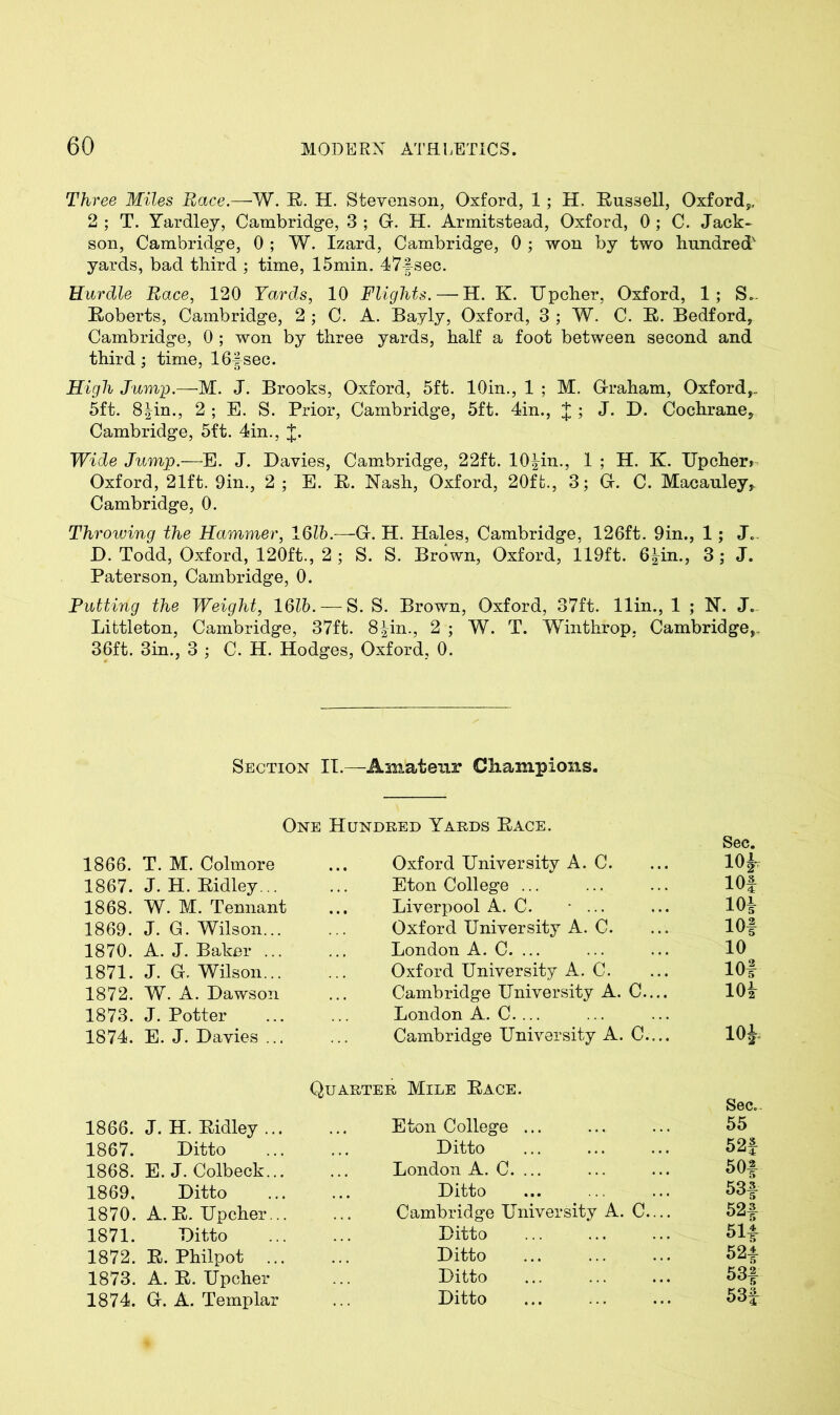 Three Miles Race.—W. R. H. Stevenson, Oxford, 1; H, Russell, Oxford,, 2 ; T. Yardley, Cambridge, 3 ; G. H. Armitstead, Oxford, 0 ; C. Jack- son, Cambridge, 0 ; W. Izard, Cambridge, 0 ; won by two hundred' yards, bad third ; time, 15min. 47fsec. Hurdle Race, 120 Yards, 10 Flights. — H. K. Upcher, Oxford, 1; S„. Roberts, Cambridge, 2 ; C. A. Bayly, Oxford, 3 ; W. C. R. Bedford, Cambridge, 0 ; won by three yards, half a foot between second and third; time, 16fsec. High Jump.—M. J. Brooks, Oxford, 5ft. 10in., 1 ; M. Graham, Oxford,- 5ft. 8^in., 2 ; E. S. Prior, Cambridge, 5ft. 4in., J ; J. D. Cochrane, Cambridge, 5ft. 4in., J. Wide Jump.—E. J. Davies, Cambridge, 22ft. lO^in., 1 ; H. K. Upcher* Oxford, 21ft. 9in., 2 ; E. R. Nash, Oxford, 20ffc., 3; G. C. Macauley, Cambridge, 0. Throwing the Hammer, 16lb.—G. H. Hales, Cambridge, 126ft. 9in., 1; J„ D. Todd, Oxford, 120ft., 2 ; S. S. Brown, Oxford, 119ft. 6^in., 3 ; J. Paterson, Cambridge, 0. Putting the Weight, 1616. — S. S. Brown, Oxford, 37ft. llin., 1 ; N. J. Littleton, Cambridge, 37ft. 8|in., 2 ; W. T. Winthrop, Cambridge,, 36ft. 3in., 3 ; C. H. Hodges, Oxford, 0. Section II.—Amateur Champions. 1866. T. M. Colmore Oxford University A. C. Sec. 10^ 1867. J. H. Ridley... Eton College ... 101 1868. W. M. Tennant Liverpool A. C. * ... m 1869. J. G. Wilson... Oxford University A. C. 10f 1870. A. J. Baker ... London A. C. ... 10 1871. J. G. Wilson... Oxford University A. C. io! 1872. W. A. Dawson Cambridge University A. C.... 10h 1873. J. Potter London A. C.... 1874. E. J. Davies ... Cambridge University A. C.... 1866. J. H. Ridley ... Quarter Mile Race. Eton College ... Sec.. 55 1867. Ditto Ditto 52f 1868. E. J. Colbeck... London A. C. ... 50f 1869. Ditto Ditto 53# 1870. A. R. Upcher... Cambridge University A. C.... 52# 1871. Ditto Ditto 51# 1872. R. Philpot Ditto 52# 1873. A. R. Upcher Ditto 53f