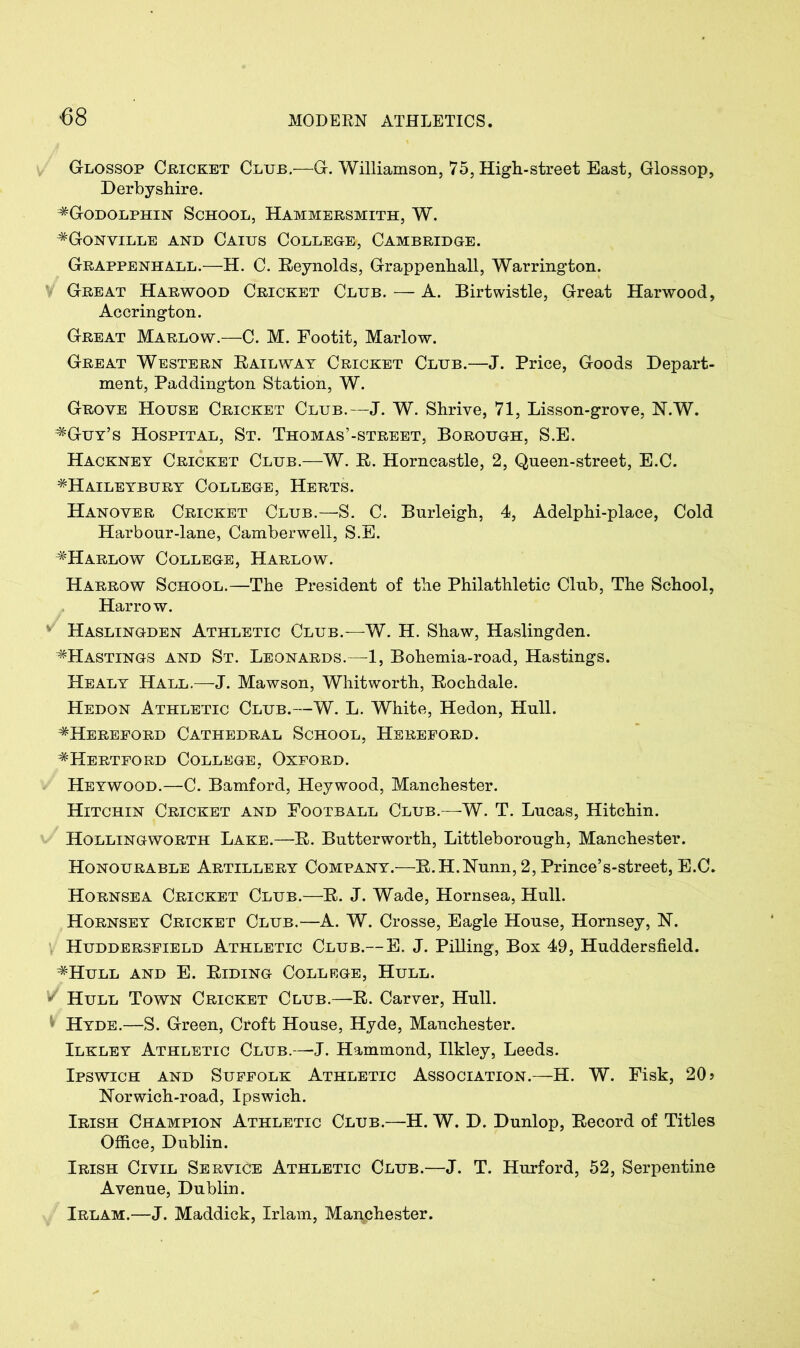 G-lossop Cricket Club.—G. Williamson, 75, High-street East, Glossop, Derbyshire. ^Godolphin School, Hammersmith, W. #Gonville and Caius College, Cambridge. Grappenhall.—H. C. Beynolds, Grappenhall, Warrington. Great Harwood Cricket Club. — A. Birtwistle, Great Harwood, Accrington. Great Marlow.—C. M. Eootit, Marlow. Great Western Bailway Cricket Club.—J. Price, Goods Depart- ment, Paddington Station, W. Grove House Cricket Club.—J. W. Shrive, 71, Lisson-grove, N.W. ^Guy’s Hospital, St. Thomas’-street, Borough, S.E. Hackney Cricket Club—W. B. Horncastle, 2, Queen-street, E.C. ^Haileybury College, Herts. Hanover Cricket Club.—-S. C. Burleigh, 4, Adelphi-place, Cold Harbour-lane, Camberwell, S.E. #Harlow College, Harlow. Harrow School.—The President of the Philathletic Club, The School, Harrow. Haslingden Athletic Club.—W. H. Shaw, Haslingden. ^Hastings and St. Leonards.—1, Bohemia-road, Hastings. Healy Hall.—J. Mawson, Whitworth, Bochdale. Hedon Athletic Club.—W. L. White, Hedon, Hull. ^Hereford Cathedral School, Hereford. ^Hertford College, Oxford. Heywood.—C. Bamford, Heywood, Manchester. Hitchin Cricket and Eootball Club.—W. T. Lucas, Hitchin. Hollingworth Lake.—B. Butterworth, Littleborough, Manchester. Honourable Artillery Company.—B.H.Nunn, 2, Prince’s-street, E.C. Hornsea Cricket Club.—B. J. Wade, Hornsea, Hull. Hornsey Cricket Club.—A. W. Crosse, Eagle House, Hornsey, N. Huddersfield Athletic Club.—E. J. Pilling, Box 49, Huddersfield. ^Hull and E. Biding Collage, Hull. V Hull Town Cricket Club.—B. Carver, Hull. * Hyde.—S. Green, Croft House, Hyde, Manchester. Ilkley Athletic Club.—J. Hammond, Ilkley, Leeds. Ipswich and Suffolk Athletic Association.—H. W. Fisk, 20? Norwich-road, Ipswich. Irish Champion Athletic Club.—H. W. D. Dunlop, Becord of Titles Office, Dublin. Irish Civil Service Athletic Club.—J. T. Hurford, 52, Serpentine Avenue, Dublin. Irlam.—J. Maddick, Irlam, Manchester.