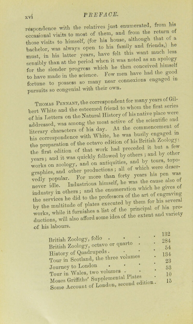 respondence with the relatives just enumerated, from his occasional visits to most of them and from the return of those visits to himself, (for his house, although that of a bachelor, was always open to his family and friends,) must in his latter years, have felt this want much less sensibly than at the period when it was noted as an apology for J slender progress which he then conceived bimseU to have made in the science. Few men have had the goo fortune to possess so many near connexions engaged in pursuits so congenial with their own. Thomas Pennant, the correspondent for many yeais of Gil be, t White and the esteemed friend to whom the first senes of 1 is Letters on the Natural History of his native place were Addressed was among the most active of the scientific and literarvcharacters of his day. At the commencement of his correspondence with White he wasWy the preparation of the octavo edition of hisBntah Z gj the first edition of that work had preceded it bi t a te years 3 and it was quickly followed by others 3 and by other lever idle. Industrious himself, he was the cause also of • rl in others • and the enumeration which he gives o industry m othe , ofess0rs of the art of engraving rSnIh^ul“ sU: idea of the extent and variety of his labours. British Zoology, folio . * * British Zoology, octavo or quar 0 History of Quadrupeds . Tour in Scotland, the three volumes Journey to London Tour in Wales, two volumes . • Moses Griffiths’ Supplemental I f®. Some Account of London, second edition 132 284 54 134 23 53 10 15