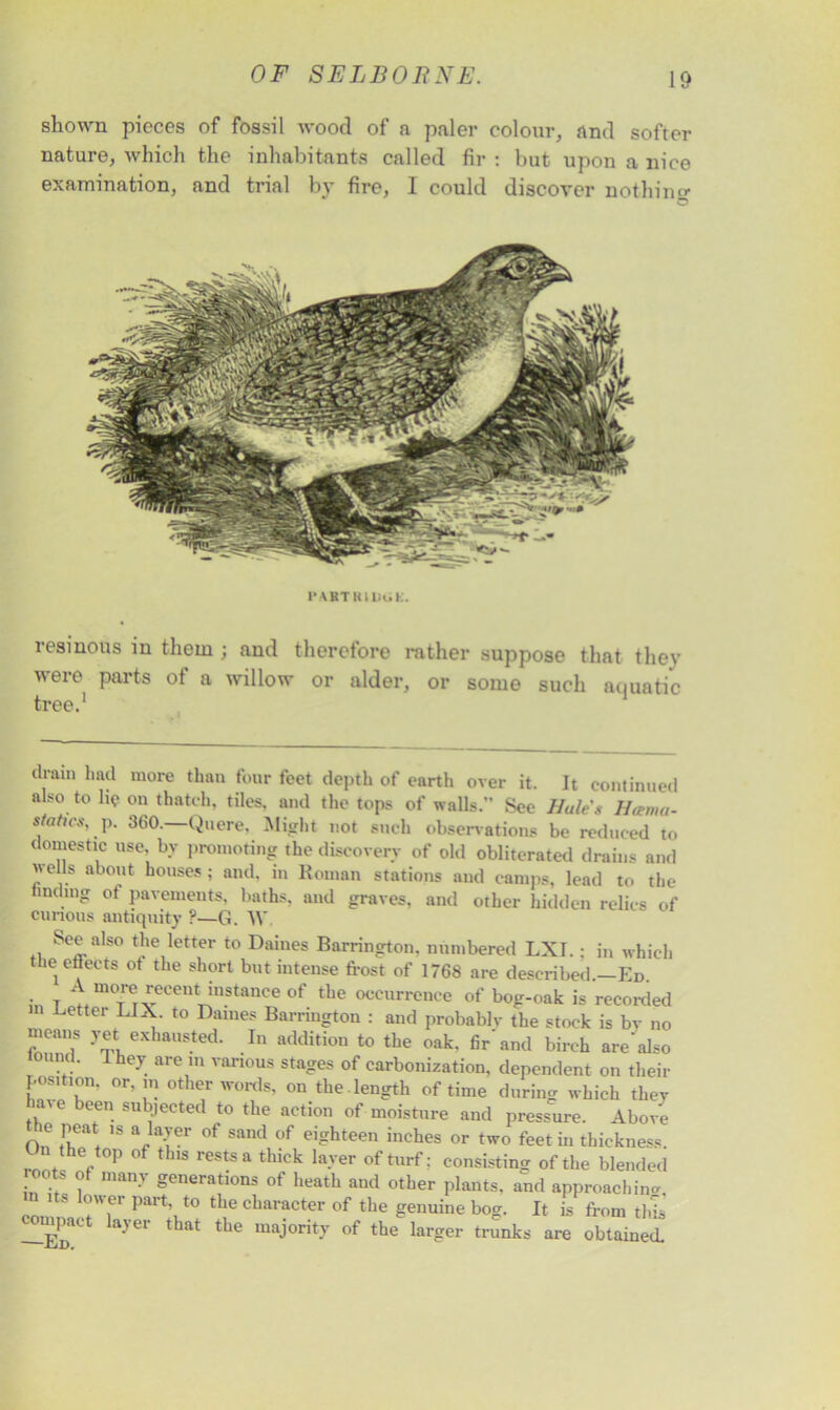 shown pieces of fossil wood of a paler colour, and softer nature, which the inhabitants called fir : but upon a nice examination, and trial by fire, 1 could discover nothin «• P ART Hi Du K. resinous in them ; and therefore rather suppose that they were parts of a willow or alder, or some such aquatic tree.1 dram had more than four feet depth of earth over it. It continued also to lie on thatch, tiles, and the tops of walls.” See Buies Hama- stahcs, p. 360.—Quere, Might not such observations be reduced to domestic use, by promoting the discovery of old obliterated drains and wells about houses; and. in Roman stations and camps, lead to the finding ot pavements, baths, and graves, and other hidden relics of curious antiquity ?—G. W See also the letter to Dailies Barrington, numbered LXI.; in which the effects ot the short but intense frost of 1768 are described.—Ed. • T m°re recent instance of the occurrence of bog-oak is recorded Letter LIX. to Dames Barrington : and probablv the stock is by no means yet exhausted. In addition to the oak. fir and birch are'also lound. They are in various stages of carbonization, dependent on their position, or, m other words, on the . length of time during which they have been subjected to the action of moisture and pressure. Above he peat is a layer of sand of eighteen inches or two feet in thickness, e top of this rests a thick layer of turf; consisting: of the blended roots of many generations of heath and other plants, and approaching its lower part, to the character of the genuine bog. It is from this jnpact layer that the majority of the larger trunks are obtained.