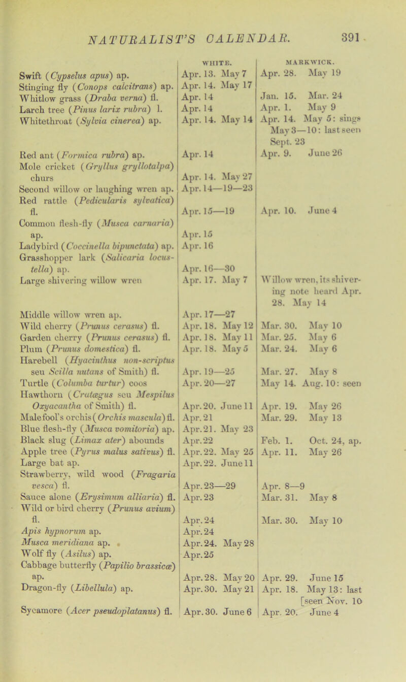 WHITE. Swift (Cypselus apus) ap. Apr. 13. May 7 Stinging fly (Conops calcitrans) ap. Apr. 14. May 17 Whitlow grass (Draba vernci) fl. Apr. 14 Larch tree (Pinus larix rubra) 1. Apr. 14 Whitethroat (Sylvia cinerea) ap. Apr. 14. May 14 Red ant (Formica rubra) ap. Apr. 14 Mole cricket (Gryllus gryllotalpa) churs Apr. 14. May 27 Second willow or laughing wren ap. Apr. 14—19—23 Red rattle (Pedicularis sylvatica) fl. Apr. 15— -19 Common flesh-fly (Musca camaria) ap. Apr. 15 Ladybird (Coccinella bipunctata) ap. Apr. 16 Grasshopper lark (Salicaria locus- tella) ap. Apr. 16- -30 Large shivering willow wren Apr. 17. May 7 Middle willow wren ap. Apr. 17- -27 Wild cherry (Primus cerasus) fl. Apr. 18. May 12 Garden cherry (Primus cerasus) fl. Apr. 18. May 11 Plum (Prunus domestica) fl. Apr. 18. May 5 Harebell (Hyacinthus non-scriptus seu Scil/a nutans of Smith) fl. Apr. 19- -25 Turtle (Columba turtur) coos Apr. 20—27 Hawthorn (Crutagus scu Mespilus Oxyacantha of Smith) fl. Apr. 20. J une11 Malefool's orchis(Orchis inasciila)fl. Apr. 21 Blue flesh-fly (JItisca vomitoria) ap. Apr. 21. May 23 Black slug (Limax ater) abounds Apr. 22 Apple tree (Pyrus mains sativus) fl. Apr. 22. May 25 Large bat ap. Apr. 22. June 11 Strawberry, wild wood (Fragaria vesca) fl. Apr. 23- -29 Sauce alone (Erysimum alliaria) fl. Apr.23 Wild or bird cherry (Prunus avium) fl. Apr. 24 Apis hypnorwn ap. Apr. 24 Musca meridiana ap. Apr. 24. May 28 Wolf fly (Asilus) ap. Apr. 25 Cabbage butterfly (Papilio brassicce) ap. Apr. 28. May 20 Dragon-fly (Libellula) ap. Apr. 30. May 21 Sycamore (Acer pseudoplatanus) fl. Apr. 30. June 6 MARKWICK. Apr. 28. May 19 Jan. 15. Mar. 24 Apr. 1. May 9 Apr. 14. May 5: sings May 3—10: last seen Sept. 23 Apr. 9. June 26 Apr. 10. June 4 Willow wren, its shiver- ing note heart! Apr. 28. May 14 Mar. 30. Mav 10 Mar. 25. May 6 Mar. 24. May 6 Mar. 27. May 8 May 14. Aug. 10: seen Apr. 19. May 26 Mar. 29. May 13 Feb. 1. Oct. 24, ap. Apr. 11. May 26 Apr. 8— 9 Mar. 31. May 8 Mar. 30. May 10 Apr. 29. June 15 Apr. 18. May 13: last [seen Jtov. 10 Apr. 20. June 4