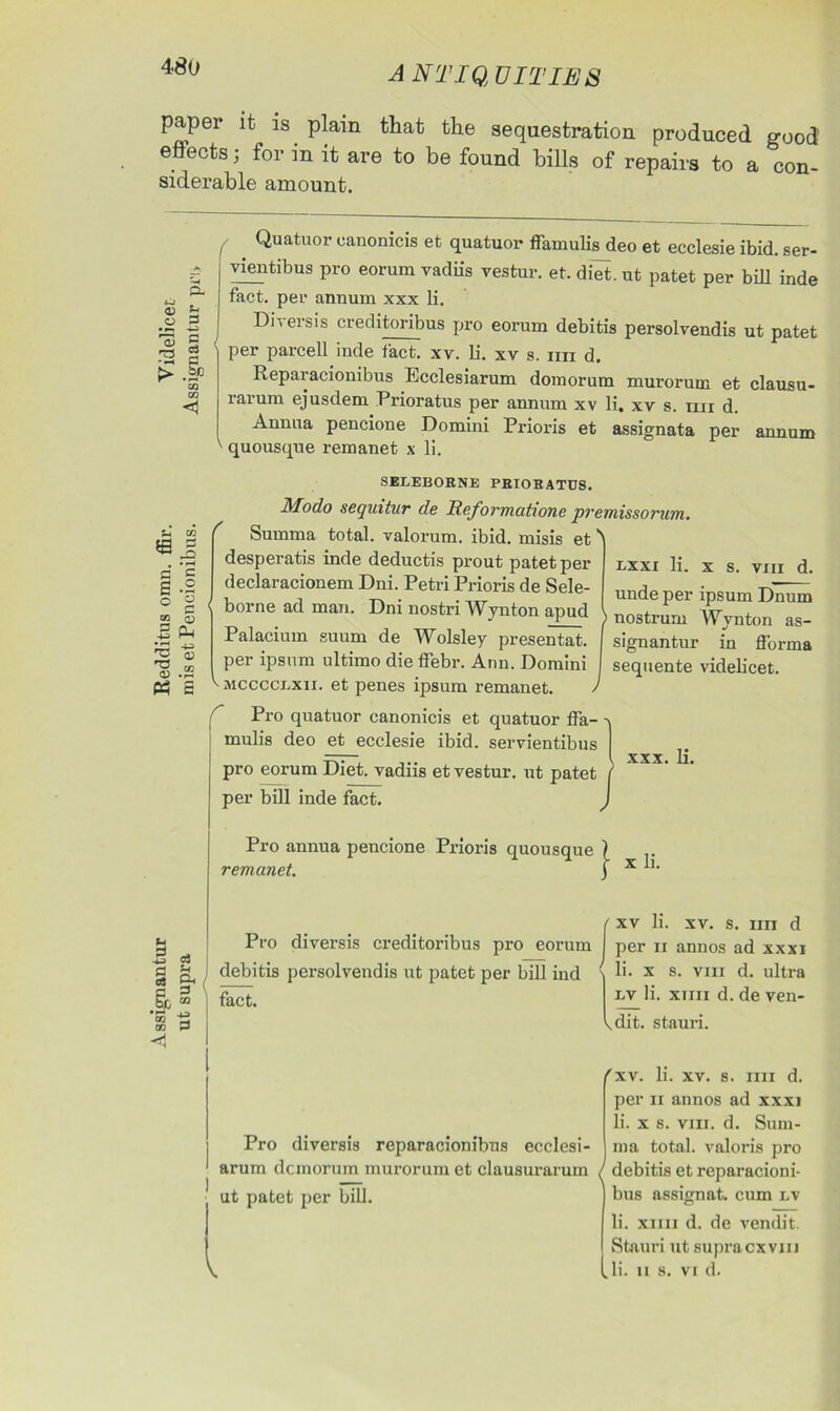 A NT IQVI TIE S paper it is plain that the sequestration produced good effects; for in it are to be found bills of repairs to a con- siderable amount. -a a .so CO CO <1 / Quatuor oanonicis et quatuor ffamulis deo et ecclesie ibid, ser- vientibus pro eorum vadiis vestur. et. diet, ut patet per bid inde fact, per annum xxx li. Divers is creditoribus pro eorum debitis persolvendis ut patet per parcell inde fact. xv. li. xv s. mi d. Reparacionibus Ecclesiarum domorum murorum et clausu- raium ejusdem Rrioratus per annum xv li, xv s. mi d. Annua pencione Domini Prioris et assignata per annum v quousque remanet x li. i—i d = £ -I ° £ co 0 S ru 43 'S.s Ph SELEBORNE PRIORATUS. Modo sequitur de Reformatione premissorum. ^ Summa total, valorum. ibid, misis et ^ desperatis inde deductis prout patet per declaracionem Dni. Petri Prioris de Sele- borne ad man. Dni nostri Wynton apud Palacium suum de Wolsley presentat. per ipsum ultimo die ffebr. Ann. Domini mcccclxii. et penes ipsum remanet. > C Pro quatuor canonicis et quatuor ffa- mulis deo et ecclesie ibid, servientibus pro eorum Diet, vadiis et vestur. ut patet per bill inde fact. u B oj OS ^ Jo» co CO P nxxi li. x s. viii d. unde per ipsum Dnum nostrum Wynton as- signantur in fforma sequente videlicet. xxx. li. Pro annua pencione Prioris quousque j j. remanet. Pro diversis creditoribus pro eorum debitis persolvendis ut patet per bill ind fact. Pro diversis reparacionibus ecclesi- arum dcmorum murorum et clausui-arum ut patet per bill. xv li. xv. s. mi d per ii annos ad xxxi li. x s. viii d. ultra nv li. xiiii d. de ven- dit. stauri. fxv. li. xv. s. mi d. per ii annos ad xxxi li. x s. viii. d. Suni- ina total, valoris pro debitis et reparacioni- bus assignat, cum nv li. xiiii d. de vendit. Stauri ut supracxvm li. n s. vi d.