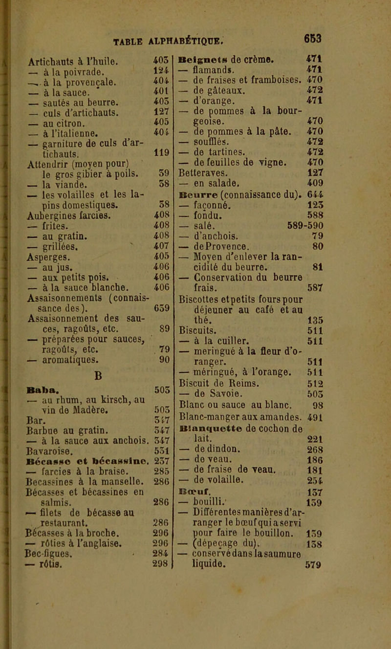 Artichauts à l’huile. 405 — à la poivrade. 124 -, à la provençale. 404 — à la sauce. * 401 — sautés au beurre. 403 — culs d’artichauts. 127 — au citron. 405 — à l’italienne. ^ 40 i — garniture de culs d’ar- tichauts. 119 Attendrir (moyen pour) le gros gibier à poils. 59 — la viande. 58 — les volailles et les la- pins domestiques. 58 Aubergines farcies. 408 — frites. 408 — au gratin. 408 — grillées. 407 Asperges. 405 — au jus. 406 — aux petits pois. 406 — à la sauce blanche. 406 Assaisonnements (connais- sance des). 659 Assaisonnement des sau- ces, ragoûts, etc. 89 — préparées pour sauces, ragoûts, etc. 79 — aromatiques. 90 B Baba. 505 — au rhum, au kirsch, au vin de Madère. 505 Bar. 517 Barbue au gratin. 547 — à la sauce aux anchois. 547 Bavaroise. 551 Bécasse et bécassine. 257 — farcies à la braise. 285 Bécassines à la manselle. 286 Bécasses et bécassines en salmis. 286 — filets de bécasse au restaurant. 286 Bécasses à la broche. 296 — rôties à l’anglaise. 296 Bec-figues. 284 — rôtis. 298 Beignets de crème. 471 — flamands. 471 — de fraises et framboises. 470 — de gâteaux. 472 — d’orange. 471 — de pommes à la bour- geoise. 470 — de pommes à la pâte. 470 — soufflés. 472 — de tartines. 472 — de feuilles de vigne. 470 Betteraves. 127 — en salade. 409 Beurre (connaissance du). 644 — façonné. 125 — fondu. 588 — salé. 589-590 — d’anchois. 79 — deProvence. 80 — Moyen d'enlever laran- ciditè du beurre. 81 — Conservation du beurre frais. 587 Biscottes etpetits fours pour déjeuner au café et au thé. 135 Biscuits. 511 — à la cuiller. 511 — meringué à la fleur d’o- ranger. 511 — méringué, à l’orange. 511 Biscuit de Reims. 512 — de Savoie. 503 Blanc ou sauce au blanc. 98 Blanc-manger aux amandes. 491 Blanquette de cochon de lait. 221 — de dindon. 268 — do veau. 186 — de fraise de veau. 181 — de volaille. 254 ES neuf. 157 — bouilli.' 159 — Différentes manières d’ar- ranger le bœufquiaservi pour faire le bouillon. 159 — (dépeçage du). 15g — conservédanslasaumure liquide. 579