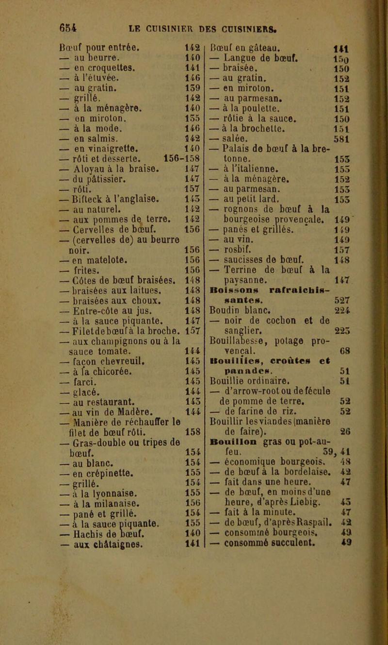 Bœuf pour entrée. 142 — au beurre. 140 — en croquettes. 141 — à l’étuvée. 146 — au gratin. 159 — grillé. 142 — à la ménagère. 140 — on miroton. 155 — à la mode. 146 — en salmis. 142 — en vinaigrette. 140 — rôti et desserte. 156-158 — Aloyau à la braise. 147 — du pâtissier. 147 — rôti. 157 — Bitteck à l’anglaise. 145 — au naturel. 142 — aux pommes de terre. 142 — Cervelles de bœuf. 156 — (cervelles de) au beurre noir. 156 — en matelote. 156 — frites. 156 — Côtes de bœuf braisées. 148 — braisées aux laitues. 148 — braisées aux choux. 148 — Entre-côte au jus. 148 — à la sauce piquante. 147 — Filetdebœufà la broche. 157 — aux champignons ou à la sauce tomate. 144 — façon chevreuil. 145 — à l’a chicorée. 145 — farci. 145 — glacé. 144 — au restaurant. 145 — au vin de Madère. 144 — Manière do réchauffer le filet de bœuf rôti. 158 — Gras-double ou tripes de bœuf. 154 — au blanc. 154 — en crépinette. 155 — grillé. 154 — à la lyonnaise. 155 — à la milanaise. 156 — pané et grillé. 154 — à la sauce niquante. 155 — Hachis de bœuf. 140 — aux châtaignes. 141 Bœuf en gâteau. 141 — Langue de bœuf. 15o — braisée. 150 — au gratin. 152 — en miroton. 151 — au parmesan. 152 — à la poulette. 151 — rôtie à la sauce. 150 — à la brochette. 151 — salée. 581 — Palais de bœuf à la bre- tonne. 155 — à l’italienne. 155 — à la ménagère. 152 — au parmesan. 155 — au petit lard. 155 — rognons de bœuf à la bourgeoise provençale. 149 — panés et grillés. 149 — au vin. 149 — rosbif. 157 — saucisses de bœuf. 148 — Terrine de bœuf à la paysanne. 147 noisseng rafruicbis- snntcs. 527 Boudin blanc. 224 — noir de cochon et de sanglier. 225 Bouillabesse, potage pro- vençal. 68 Bouillies, croûtes et panades. 51 Bouillie ordinaire. 51 — d’arrow-root ou de fécule de pomme de terre. 52 — de farine de riz. 52 Bouillir les viandes (manière de faire). 26 Bouillon gras ou pot-au- feu. SS 1, 41 — économique bourgeois. 48 — de bœuf à la bordelaise. 42 — fait dans une heure. 47 — de bœuf, en moinsd’une heure, d’après Liebig. 45 — fait à la minute. 47 — do bœuf, d'aprèsRaspail. 42 — consommé bourgeois. 49 — consommé succulent. 49
