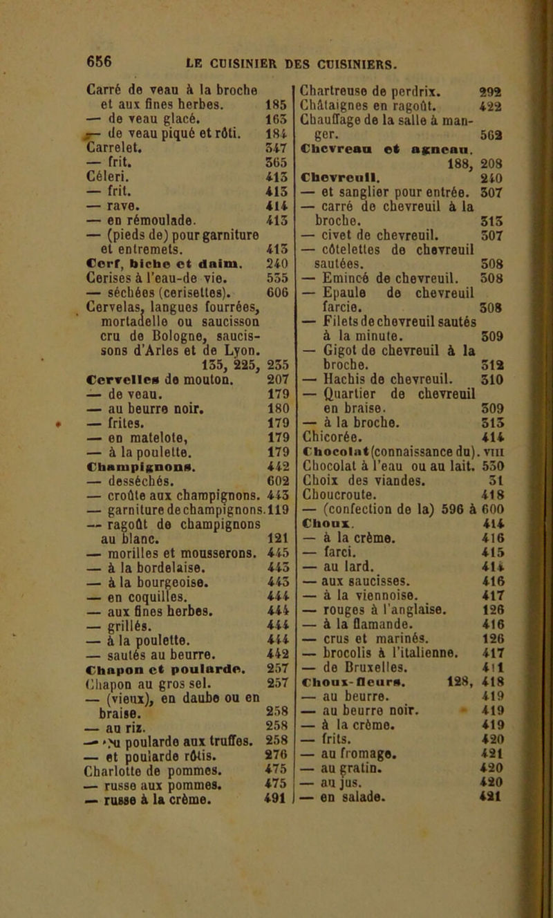 Carré de veau à la broche et aux fines herbes. — de veau glacé. — de veau piqué et rôti. Carrelet. — frit. Céleri. — frit. — rave. — eu rémoulade. — (pieds de) pour garniture et entremets. Cerf, biche et daim. Cerises à l’eau-de vie. — séchées (ceriseltes). Cervelas, langues fourrées, mortadelle ou saucisson cru de Bologne, saucis- sons d’Arles et de Lyon. 155, 225, Cervelles de mouton. — de veau. — au beurre noir. — frites. — en matelote, — à la poulette. Champignons. — desséchés. — croûte aux champignons. — garniture dechampignons — ragoût do champignons au blanc. — morilles et mousserons. — à la bordelaise. — à la bourgeoise. — en coquilles. — aux fines herbes. — grillés. — à la poulette. — sautés au beurre. Chapon et poularde. Chapon au gros sel. — (vieux), en daube ou en braise. — au rix. — <>u poularde aux truffes. — et poularde rûtis. Charlotte de pommes. — russe aux pommes. — russe à la crème. Chartreuse de perdrix. 292 Châtaignes en ragoût. 422 Chauffage de la salle à man- ger. 502 Chevreau et agneau. 188, 208 Chevreuil. 240 — et sanglier pour entrée. 307 — carré de chevreuil à la broche. 313 — civet de chevreuil. 507 — côtelettes de chevreuil sautées. 508 — Emincé de chevreuil. 508 — Epaule de chevreuil farcie. 308 — Filets de chovreuil sautés à la minute. 509 — Gigot de chevreuil à la broche. 512 — Hachis de chevreuil. 310 — Quartier de chevreuil en braise. 309 — à la broche. 315 Chicorée. 414 Chocoiat(connaissance du), vm Chocolat à l’eau ou au lait. 550 Choix des viandes. 31 Choucroute. 418 — (confection de la) 596 à 600 Choux. 414 — à la crème. 416 — farci. 415 — au lard. 414 — aux saucisses. 416 — à la viennoise. 417 — rouges à l’anglaise. 126 — à la flamande. 416 — crus et marinés. 126 — brocolis à l'italienne. 417 — de Bruxelles. 4il Choux-fleurs. 128, 418 — au beurre. 419 — au beurre noir. 419 — à la crème. 419 — frits. 420 — au fromage. 421 | — au çratin. 420 — au jus. 420 j — en salade. 421 185 165 184 547 365 413 415 414 413 415 240 555 606 235 207 179 180 179 179 179 442 602 443 i.119 121 445 443 445 444 444 444 444 442 257 257 258 258 258 276 475 475 491