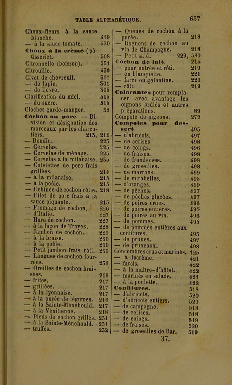 Choux-fleurs à la sauce blanche. 419 — à la sauce tomate. 420 Choux h la crème (pâ- tisserie). 508 Citronnelle (boisson). 551 Citrouille. 459 Civet de chevreuil. 507 — de lapin. 301 — de lièvre. 505 Clarification du miel. 515 — du sucre. 515 Cloches-garde-manger. 38 Cochou ou porc. — Di- vision et désignation des morceaux par les charcu- tiers. 213, 214 — Boudin. 223 — Cervelas. 225 — Cervelas de ménage. 225 — Cervelas à la milanaise. 235 — Côtelettes de porc frais grillées. 214 — à la milanaise. 215 — à la poêle. 215 — Echinée de cochon rôtie. 218 — Filet de porc frais à la sauce piquante. 215 — Fromage de cochon. 226 — d’Italie. 227 — Hure de cochon. 227 — à la façon de Troyes. 228 — Jambon de cochon. 229 — à la braise. 250 — à la poêle. 250 — Petit jambon frais, rôti. 250 — Langues de cochon four- rées. 251 — Oreilles de cochon brai- sées. 216 — frites. 217 — grillées. 217 — à la lyonnaise. 217 — à la purée de légumes. 2t6 — à la Sainte-Ménebould. 217 — à la Vénitienne. 218 — Pieds de cochon grillés. 251 — à la Sainte-Ménehould. 251 — truffés. 232 — Queues de cochon à la purée. 218 — Rognons de cochon au vin de Champagne. 218 — Petit salé. 229, 580 Cochon de lait. 214 — pour entrée et rôti. 219 — en blanquette. 221 — farci ou galantine. 220 — rôti. 219 Colorantes pour rempla- cer avec avantage les oignons brûlés et autres préparations. 89 Compote de pigeons. 272 Compotes pour des- sert. 495 — d’abricots. 497 — de cerises 498 — de coings. 496 — de fraises. 498 — de framboises. 498 — de groseilles. 498 — de marrons. 499 — de mirabelles. 498 — d’oranges. 499 — de pêches. 497 — de pêches glacées. 497 — de poires crues. 496 — de poires entières. 496 — de poires au vin. 496 — de pommes. 495 — de pommes entières aux confitures. 495 — de prunes. 497 — de pruneaux. 49s Concombres crus et marinés. 125 — à lacrème. 421 — farcis. 422 — à la maître-d’bôtel. 422 — marinés en salade. 421 — à la poulette. 422 Confiture». 518 — d’abricots. 520 — d’abricots entiers. 520 — de campagne. 518 — de cerises. 518 — de coings. 519 — de fraises. 520 — de groseilles do Bar. 519 37.