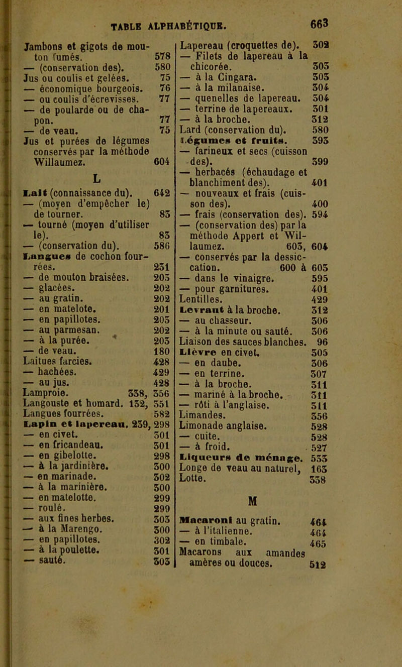 Jambons et gigots de mou- ton fumés. 578 — (conservation des). 580 Jus ou coulis et gelées. 75 — économique bourgeois. 76 — ou coulis d’écrevisses. 77 — de poularde ou de cha- pon. 77 — de veau. 75 Jus et purées de légumes conservés par la méthode Willaumez. 604 L Lait (connaissance du). 642 — (moyen d’empêcher le) de tourner. 83 — tourné (moyen d’utiliser le). 85 — (conservation du). 586 Langues de cochon four- rées. 231 — de mouton braisées. 203 — glacées. 202 — au gratin. 202 — en matelote. 201 — en papillotes. 205 — au parmesan. 202 — à la purée. ' 203 — de veau. 180 Laitues farcies. 428 — hachées. 429 — au jus. 428 I Lamproie. 338, 356 Langouste et homard. 132, 551 Langues fourrées. 582 Lapin et lapereau. 239, 298 — en civet. 501 — en fricandeau. 301 — en gibelotte. 298 — à la jardinière. 300 — en marinade. 302 — à la marinière. 300 — en matelotte. 299 — roulé. 299 — aux fines herbes. 303 — à la Marengo. 300 — en papillotes. 302 — à la poulette. 301 — sauté. 503 Lapereau (croquettes de). 502 — Filets de lapereau à la chicorée. 303 — à la Cingara. 305 — à la milanaise. 304 — quenelles de lapereau. 504 — terrine de lapereaux. 301 — à la broche. 312 Lard (conservation du). 580 Légumes et fruits. 593 — farineux et secs (cuisson des). 599 — herbacés (échaudage et blanchiment des). 401 — nouveaux et frais (cuis- son des). 400 — frais (conservation des). 594 — (conservation des) par la méthode Appert et Wil- laumez. 603, 604 — conservés par la dessic- cation. 600 à 605 — dans le vinaigre. 595 — pour garnitures. 401 Lentilles. 429 Levraut à la broche. 312 — au chasseur. 306 — à la minute ou sauté. 306 Liaison des sauces blanches. 96 Lièvre en civet. 505 — en daube. 306 — en terrine. 307 — à la broche. 511 — mariné à la broche. 511 — rôti à l’anglaise. 511 Limandes. 356 Limonade anglaise. 528 — cuite. 528 — à froid. 527 Liqueurs de ménage, 555 Longe de voau au naturel, 165 Lotte. 338 M Macaroni au gratin. 464 — à l’italienne. 404 — on timbale. 4^5 Macarons aux amandes amères ou douces. 512