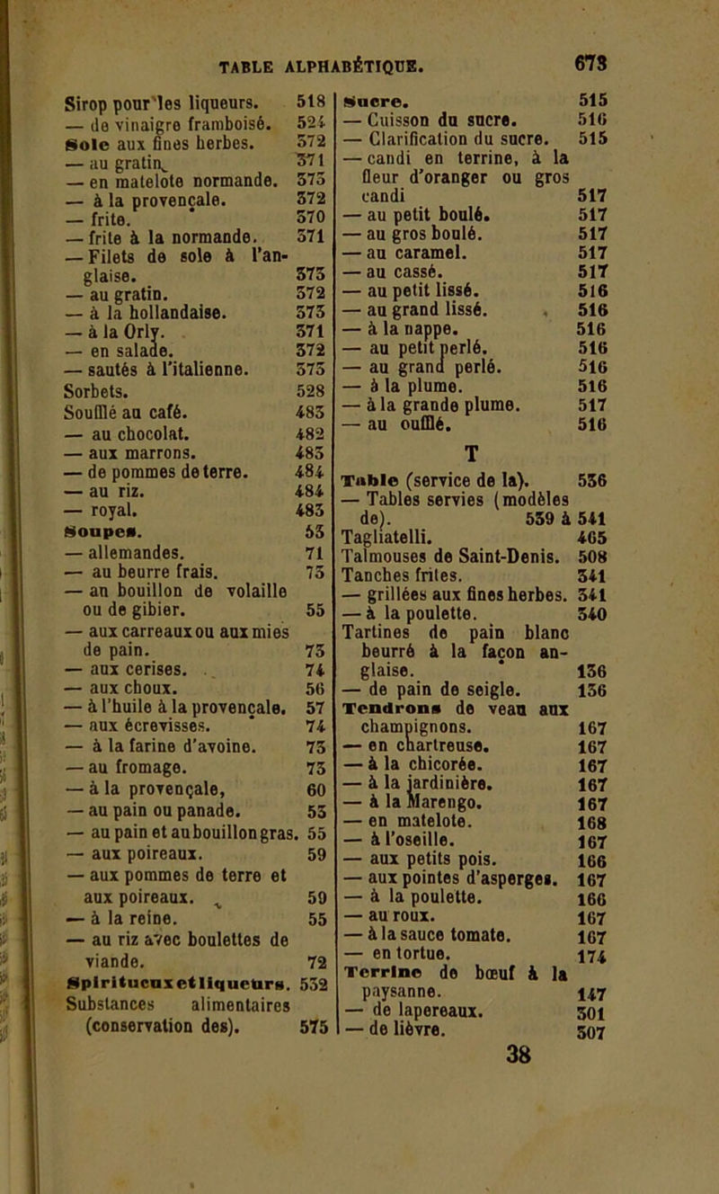 Sirop pour les liqueurs. 518 — île vinaigre framboise. 524 Sole aux fines herbes. 572 — au gratin^ 371 — en matelote normande. 575 — à la provençale. 372 — frite. * 370 — frite à la normande. 571 — Filets de sole à l’an- glaise. 375 — au gratin. 572 — à la hollandaise. 575 — à la Orly. 371 — en salade. 572 — sautés à l’italienne. 575 Sorbets. 528 Soufflé au café. 485 — au chocolat. 482 — aux marrons. 485 — de pommes de terre. 484 — au riz. 484 — royal. 485 Soupe*. 63 — allemandes. 71 — au beurre frais. 75 — an bouillon de volaille ou de gibier. 55 — auxcarreauxou aux mies de pain. 75 — aux cerises. 74 — aux choux. 56 — à l’huile à la provençale. 57 — aux écrevisses. * 74 — à la farine d’avoine. 75 — au fromage. 75 — à la provençale, 60 — au pain ou panade. 53 — au pain et au bouillon gras. 55 — aux poireaux. 59 — aux pommes de terre et aux poireaux. ^ 59 — à la reine. 55 — au riz avec boulettes de viande. 72 SpiritucuxetliqueUrg. 552 Substances alimentaires (conservation des). 575 Sucre. 515 — Cuisson du sucre. 516 — Clarification du sucre. 515 — candi en terrine, à la fleur d’oranger ou gros candi 517 — au petit boulé. 517 — au gros boulé. 517 — au caramel. 517 — au cassé. 517 — au petit lissé. 516 — au grand lissé. 516 — à la nappe. 516 — au petit perlé. 516 — au grand perlé. 516 — à la plume. 516 — à la grande plume. 517 — au oufflé. 516 T Table (service de la). 536 — Tables servies (modèles de). 559 à 541 Tagliatelli. 465 Talmouses de Saint-Denis. 508 Tanches frites. 341 — grillées aux fines herbes. 341 — à la poulette. 540 Tartines de pain blanc beurré à la façon an- glaise. * 136 — de pain de seigle. 136 Tendron* de veau aux champignons. 167 — en enartreuse. 167 — à la chicorée. 167 — à la jardinière. 167 — àlaMarengo. 167 — en matelote. 168 — à l’oseille. 167 — aux petits pois. 166 — aux pointes d’asperges. 167 — à la poulette. 166 — au roux. 107 — à la sauce tomate. 167 — en tortue. 174 Terrine de bœuf à la paysanne. 147 — de lapereaux. soi — de lièvre. 507 38