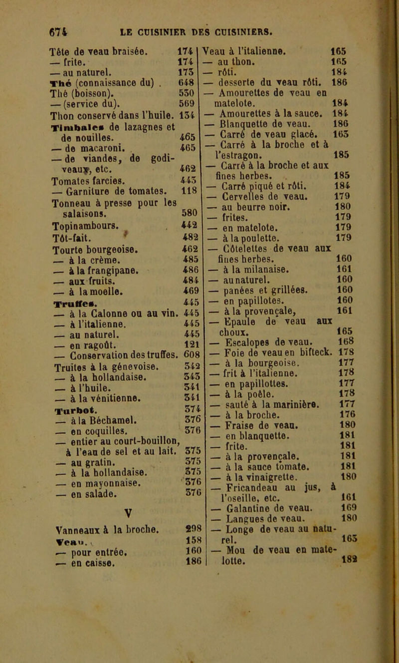 Tête de veau braisée. 174 — frite. 174 — au naturel. 175 Thé (connaissance du) . 048 Thé (boisson). 550 — (service du). 569 Thon conservé dans l’huile. 154 Timbale* de lazagnes et de nouilles. 465 — de macaroni. 465 — de viandes, de godi- veauy, etc. 462 Tomates farcies. 445 — Garniture de tomates. 118 Tonneau à presse pour les salaisons. 580 Topinambours. 442 Tôt-fait. ; 482 Tourte bourgeoise. 462 — à la crème. 485 — à la frangipane. 486 — aux fruits. 484 — à la moelle. 469 Truffe». 445 — à la Galonné ou au vin. 445 .— k l’italienne. 445 — au naturel. 445 — en ragoût. 121 — Conservation des truffes. 608 Truites à la génevoise. 542 — à la hollandaise. 545 — à l’huile. 541 — à la vénitienne. 541 Turbot. 574 — à la Béchamel. 576 — en coquilles. 576 — entier au court-bouillon, à l’eau de sel et au lait. 575 — au gratin. 575 — à la hollandaise. 575 — en mayonnaise. 576 — en salade. 576 V Vanneaux à la broche. 298 Tea». 158 pour entrée. lfi0 — en caisse. 186 Veau à l’italienne. 165 — au thon. 165 — rôti. 184 — desserte du veau rôti. 186 — Amourettes de veau en matelote. 184 — Amourettes à la sauce. 184 — Blanquette de veau. 186 — Carré de veau glacé. 165 — Carré à la broche et à l’estragon. 185 — Carré à la broche et aux fines herbes. 185 — Carré piqué et rôti. 184 — Cervelles de veau. 179 — au beurre noir. 180 — frites. 179 — en matelote. 179 — à la poulette. 179 — Côtelettes de veau aux fines herbes. 160 — à la milanaise. 161 — au naturel. 160 — panées et grillées. 160 — en papillotes. 160 — à la provençale, 161 — Epaule de veau aux choux. 165 — Escalopes de veau. 168 — Foie de veau en bifteck. 178 — à la bourgeoise. 177 — frit à l’italienne. 178 — en papillottes. 177 — à la poêle. 178 — sauté à la marinière. 177 — à la broche. 176 — Fraise de veau. 180 — en blanquette. 181 — frite. 181 — à la provençale. 181 — à la sauce tomate. 181 — à la vinaigrette. 180 — Fricandeau au jus, à l’oseille, etc. 161 — Galantine de veau. 169 — Langues de veau. 180 — Longe de veau au natu- rel. 165 — Mou de veau en mate- lotte. 182