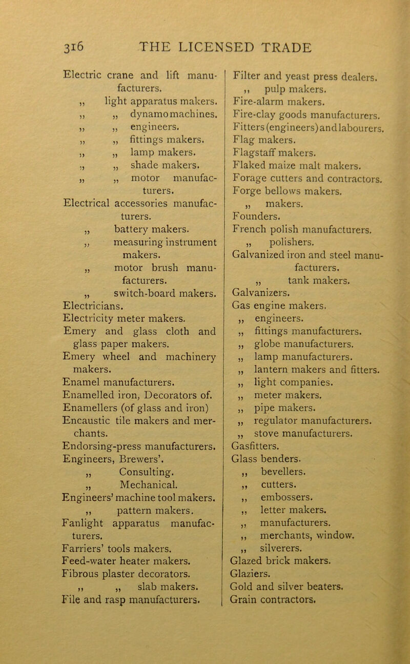 Electric crane and lift manu- facturers. ,, light apparatus makers. ,, „ dynamo machines. „ „ engineers. „ „ fittings makers. „ „ lamp makers. „ shade makers. „ „ motor manufac- turers. Electrical accessories manufac- turers. „ battery makers. „ measuring instrument makers. „ motor brush manu- facturers. „ switch-board makers. Electricians. Electricity meter makers. Emery and glass cloth and glass paper makers. Emery wheel and machinery makers. Enamel manufacturers. Enamelled iron, Decorators of. Enamellers (of glass and iron) Encaustic tile makers and mer- chants. Endorsing-press manufacturers. Engineers, Brewers’. „ Consulting. „ Mechanical. Engineers’ machine tool makers. ,, pattern makers. Fanlight apparatus manufac- turers. Farriers’ tools makers. Feed-water heater makers. Fibrous plaster decorators. ,, „ slab makers. File and rasp manufacturers. Filter and yeast press dealers. ,, pulp makers. Fire-alarm makers. Fire-clay goods manufacturers. Fitters (engineers)andlabourers. Flag makers. Flagstaff makers. Flaked maize malt makers. Forage cutters and contractors. Forge bellows makers. „ makers. Founders. French polish manufacturers. „ polishers. Galvanized iron and steel manu- facturers. „ tank makers. Galvanizers. Gas engine makers. ,, engineers. „ fittings manufacturers. „ globe manufacturers. „ lamp manufacturers. „ lantern makers and fitters. „ light companies. „ meter makers. ,, pipe makers. „ regulator manufacturers. „ stove manufacturers. Gasfitters. Glass benders. ,, bevellers. ,, cutters. ,, embossers. ,, letter makers. ,, manufacturers. ,, merchants, window. ,, silverers. Glazed brick makers. Glaziers. Gold and silver beaters. Grain contractors.