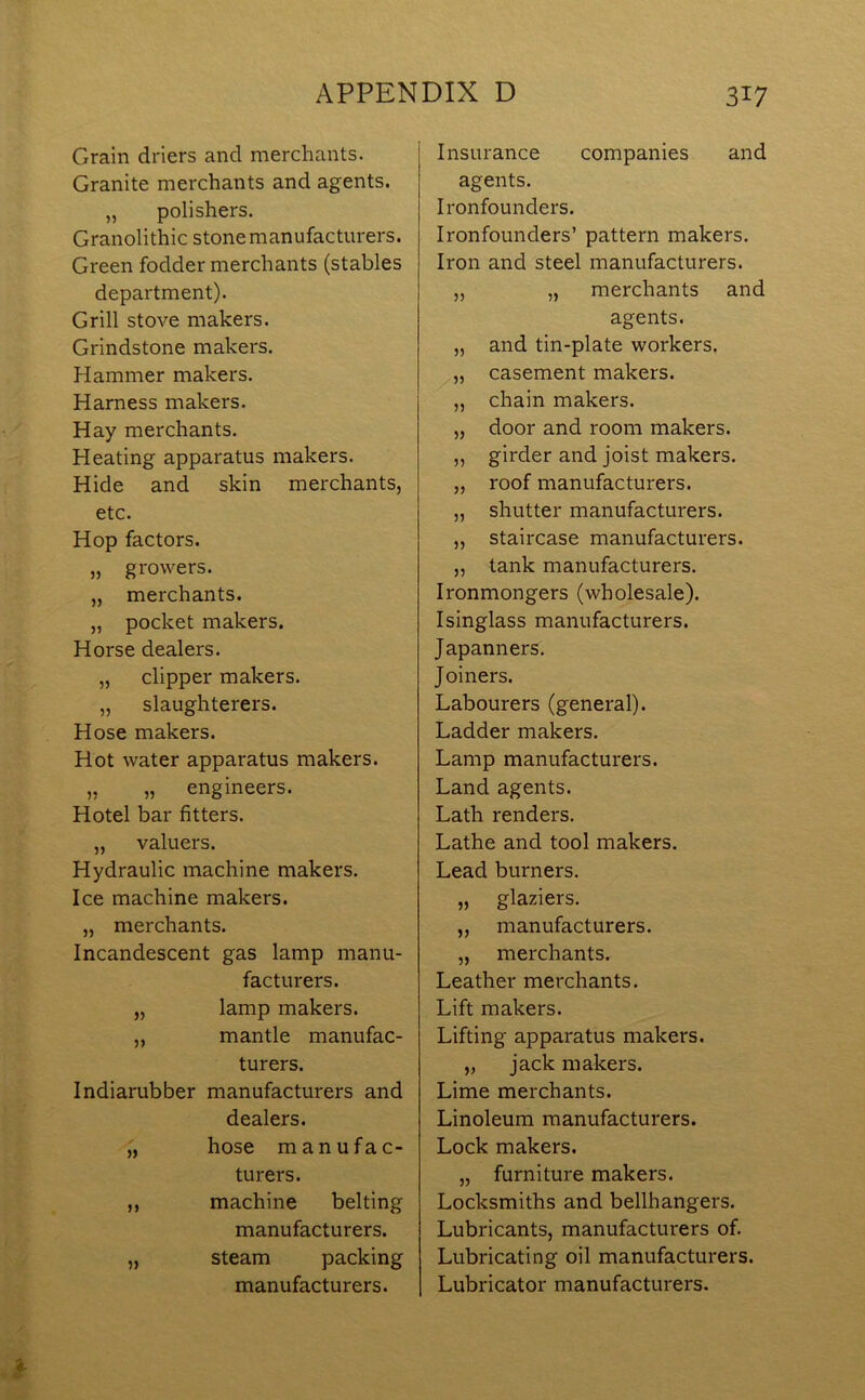 Grain driers and merchants. Granite merchants and agents. „ polishers. Granolithic stone manufacturers. Green fodder merchants (stables department). Grill stove makers. Grindstone makers. Hammer makers. Harness makers. Hay merchants. Heating apparatus makers. Hide and skin merchants, etc. Hop factors. „ growers. „ merchants. „ pocket makers. Horse dealers. „ clipper makers. „ slaughterers. Hose makers. Hot water apparatus makers. „ „ engineers. Hotel bar fitters. „ valuers. Hydraulic machine makers. Ice machine makers. „ merchants. Incandescent gas lamp manu- facturers. „ lamp makers. „ mantle manufac- turers. Indiarubber manufacturers and dealers. „ hose manufac- turers. ,, machine belting manufacturers. „ steam packing manufacturers. Insurance companies and agents. Ironfounders. Ironfounders’ pattern makers. Iron and steel manufacturers. „ „ merchants and agents. „ and tin-plate workers. „ casement makers. „ chain makers. „ door and room makers. „ girder and joist makers. „ roof manufacturers. „ shutter manufacturers. „ staircase manufacturers. ,, tank manufacturers. Ironmongers (wholesale). Isinglass manufacturers. Japanners. Joiners. Labourers (general). Ladder makers. Lamp manufacturers. Land agents. Lath renders. Lathe and tool makers. Lead burners. „ glaziers. ,, manufacturers. „ merchants. Leather merchants. Lift makers. Lifting apparatus makers. „ jack makers. Lime merchants. Linoleum manufacturers. Lock makers. „ furniture makers. Locksmiths and bellhangers. Lubricants, manufacturers of. Lubricating oil manufacturers. Lubricator manufacturers.