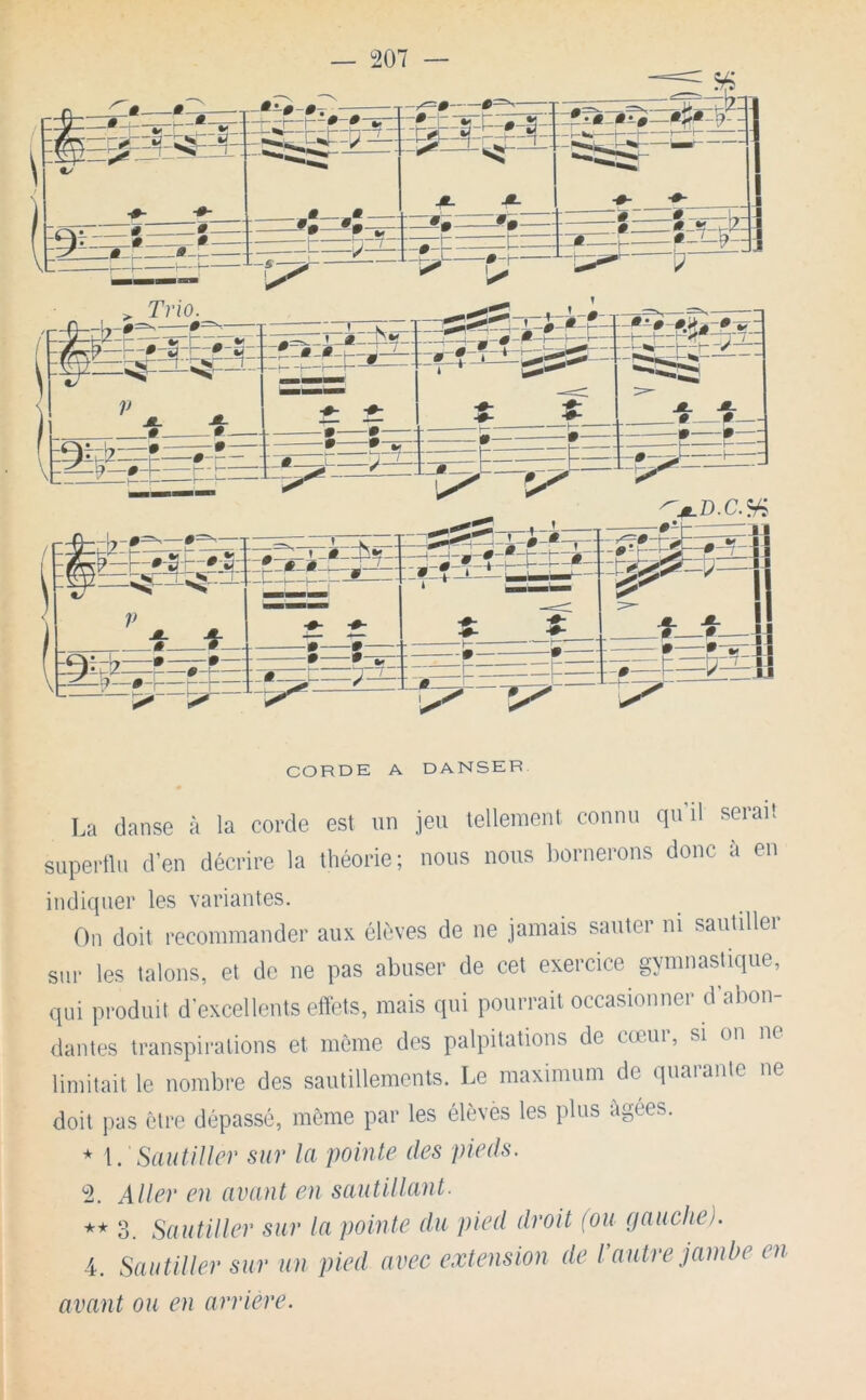 CORDE A DANSER La danse à la corde est un jeu tellement connu qu il serait supertlu d’en décrire la théorie; nous nous bornerons donc à en indiquer les variantes. On doit recommander aux élèves de ne jamais sauter ni sautillei stir les talons, et de ne pas abuser de cet exercice gymnastique, qui produit d'excellents effets, mais qui pourrait occasionner d’abon- dantes transpirations et môme des palpitations de cœui, si on ne limitait le nombre des sautillements. I.e maximum de quarante ne doit pas être dépassé, môme par les élèves les plus âgées. * {. Sautiller sur la pointe des pieds. 2. Aller en avant en sautillant. ** 3. Sautiller sur la pointe du pied droit (ou gauche). 4. Sautiller sur un pied avec extension de rautre jambe en avant ou en arriéré.