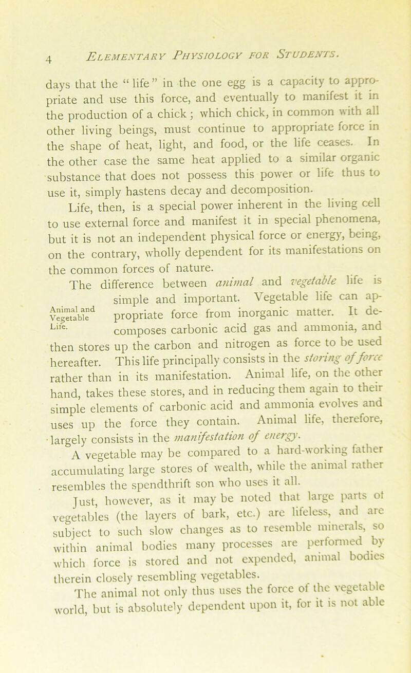 days that the “life” in the one egg is a capacity to appro- priate and use this force, and eventually to manifest it in the production of a chick ; which chick, in common with all other living beings, must continue to appropriate force in the shape of heat, light, and food, or the life ceases. In the other case the same heat applied to a similar organic substance that does not possess this power or life thus to use it, simply hastens decay and decomposition. Life, then, is a special power inherent in the living cell to use external force and manifest it in special phenomena, but it is not an independent physical force or energy, being, on the contrary, wholly dependent for its manifestations on the common forces of nature. The difference between animal and vegetable life is simple and important. Vegetable life can ap- VegTtabtf propriate force from inorganic matter. It de- composes carbonic acid gas and ammonia, and then stores up the carbon and nitrogen as force to be used hereafter. This life principally consists in the storing of force rather than in its manifestation. Animal life, on the other hand, takes these stores, and in reducing them again to their simple elements of carbonic acid and ammonia evolves and uses up the force they contain. Animal life, therefore, largely consists in the manifestation of energy. A vegetable may be compared to a hard-working father accumulating large stores of wealth, while the animal rather resembles the spendthrift son who uses it all. Just, however, as it may be noted that large parts ol vegetables (the layers of bark, etc.) are lifeless, and are subject to such slow changes as to resemble minerals, so within animal bodies many processes are performed by which force is stored and not expended, animal bodies tlierein closely resembling vegetables. The animal not only thus uses the force of the vegetable world, but is absolutely dependent upon it, for it is not able