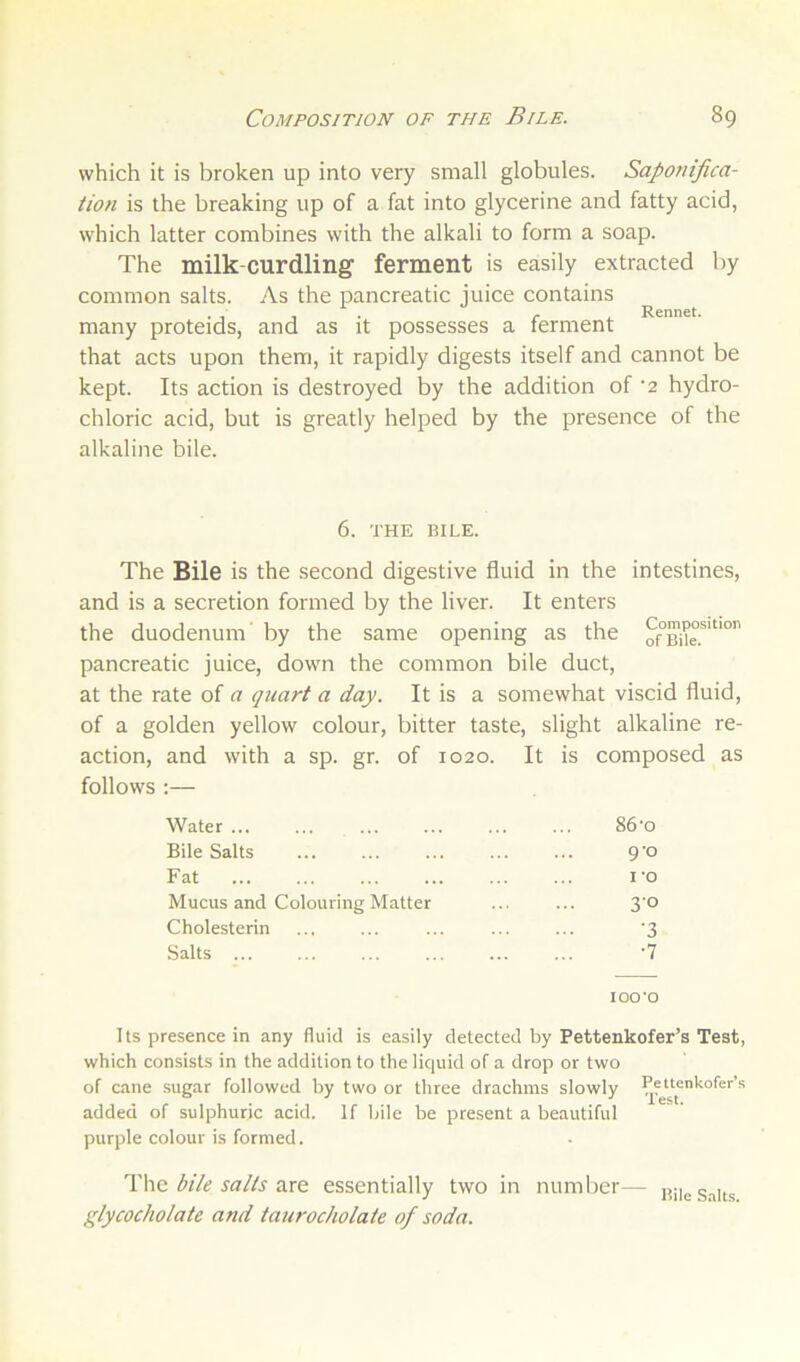 which it is broken up into very small globules. Saponifica- tion is the breaking up of a fat into glycerine and fatty acid, which latter combines with the alkali to form a soap. The milk-curdling ferment is easily extracted by common salts. As the pancreatic juice contains many proteids, and as it possesses a ferment that acts upon them, it rapidly digests itself and cannot be kept. Its action is destroyed by the addition of '2 hydro- chloric acid, but is greatly helped by the presence of the alkaline bile. 6. THE BILE. The Bile is the second digestive fluid in the intestines, and is a secretion formed by the liver. It enters the duodenum by the same opening as the pancreatic juice, down the common bile duct, at the rate of a quart a day. It is a somewhat viscid fluid, of a golden yellow colour, bitter taste, slight alkaline re- action, and with a sp. gr. of 1020. It is composed as follows ;— Water ... Bile Salts Fat Mucus and Colouring Matter Cholesterin Salts ... 86-0 9-0 I 'O 30 ■3 •7 lOO'O Its presence in any fluid is easily detected by Pettenkofer’s Test, which consists in the addition to the liquid of a drop or two of cane sugar followed by two or three drachms slowly Pettenkofer’s added of sulphuric acid. If bile be present a beautiful purple colour is formed. The bile salts are essentially two in number— glycocholate and taurocholate of soda. Bile Salts.