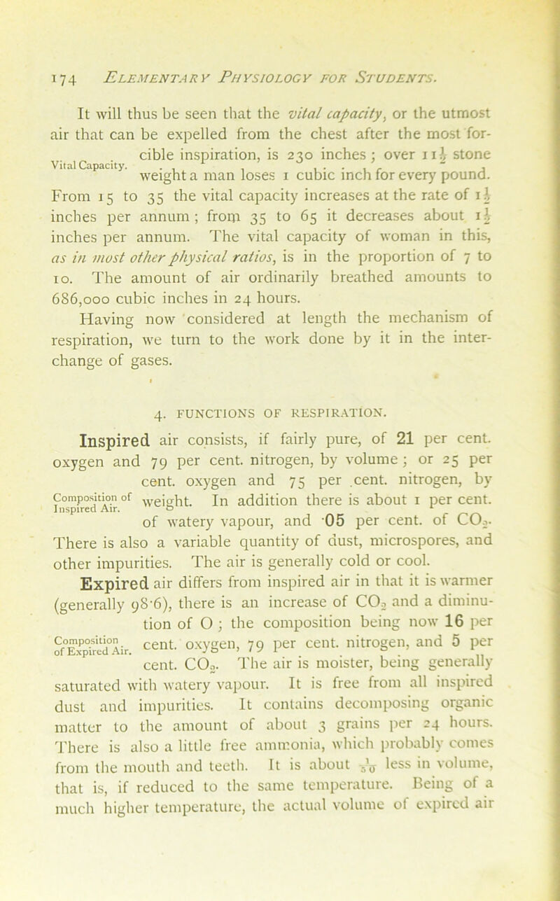 It will thus be seen that the vital capacity, or the utmost air that can be expelled from the chest after the most for- . cible inspiration, is 230 inches; over iii stone weight a man loses i cubic inch for every pound. From 15 to 35 the vital capacity increases at the rate of il inches per annum; from 35 to 65 it decreases about ih inches per annum. The vital capacity of woman in this, as in most other physical ratios, is in the proportion of 7 to 10. The amount of air ordinarily breathed amounts to 686,000 cubic inches in 24 hours. Having now considered at length the mechanism of respiration, we turn to the work done by it in the inter- change of gases. I 4. FUNCTIONS OF RESPIR.\TION. Inspired, air consists, if fairly pure, of 21 per cent, oxygen and 79 per cent, nitrogen, by volume; or 25 per cent, oxygen and 75 per .cent, nitrogen, by Composition of ^ygight. In addition there is about i per cent. of watery vapour, and 05 per cent, of CO;. There is also a variable quantity of dust, microspores, and other impurities. The air is generally cold or cool. Expired air differs from inspired air in that it is warmer (generally 98-6), there is an increase of CO; and a diminu- tion of O ; the composition being now 16 per S'°Ei’^red°\ir 79 rid^ogen, and 5 per cent. CO;. Tlie air is moister, being generally saturated with watery vapour. It is free from all inspired dust and impurities. It contains decomposing organic matter to the amount of about 3 grains per 24 hours. There is also a little free ammonia, which probably comes from the mouth and teeth. It is about less in volume, that is, if reduced to the same temperature. Being of a much higher temperature, the actual volume of expired air