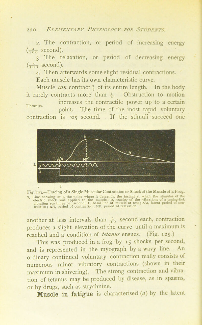 2. The contraction, or period of increasing energy (•^ second). 3. The relaxation, or period of decreasing energy (t^ second). 4. Then afterwards some slight residual contractions. Each muscle has its own characteristic curve. Muscle co7i contract f of its entire length. In the body it rarely contracts more than ■}. Obstruction to motion increases the contractile power up to a certain Tetanus. . ^ , point. The time of the most rapid voluntary- contraction is -05 second. If the stimuli succeed one Fig. 123,—Tracing of a Single Muscular Contraction or Shock of the Muscle of a Frog. S, Line showing at I, the point where it descends, the instant at which the stimulus of the electric shock was applied to the muscle; D, tracing of the %-ibrations of a tuning-fork vibrating 100 times per second; I, basal line of muscle at rest : A'A, latent period of con- traction ; AH, period of contraction; HB, period of relaxation. another at less intervals than -^7 second each, contraction produces a slight elevation of the curve until a maximum is reached and a condition of ieianus ensues. (Eig- 125.) This was produced in a frog by 15 shocks per second, and is represented in the myograph by a wavy line. An ordinary continued voluntary contraction really consists of numerous minor vibratory contractions (shown in their maximum in shivering). The strong contraction and vibra- tion of tetanus may be produced by disease, as in spasms, or by drugs, such as strychnine. Muscle in fatigue is characterised {a) by the latent