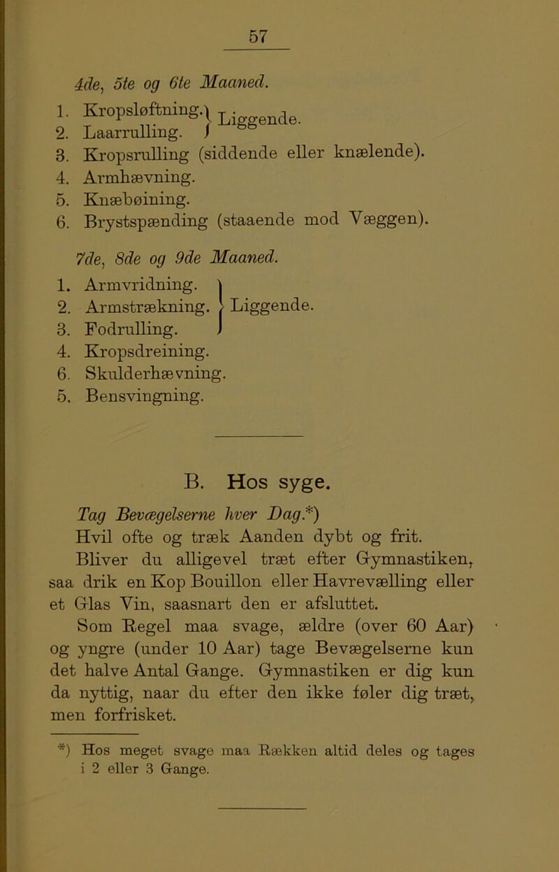 1. 2. 3. 4. 5. 6. 1. 2. 3. 4. 6. 5. 4de, ote og 6te Maaned. Kropsløftning.l L; de. Laarrulling. ) Kropsrulling (siddencle eller knælende). Armhævning. Knæbøining. Brystspænding (staaende mod Yæggen). 7de, 8de og 9de Maaned. Armvridning. \ Armstrækning. / Liggende. Fodrnlling. J Kropsdreining. Skulderhæ vning. Bensvingning. B. Hos syge. Tag Bevægelserne hver Dag.*) Hvil ofte og træk Aanden dybt og frit. Bliver du alligevel træt efter Gymnastiken, saa drik en Kop Bouillon eller Havrevælling ellei' et Glas Vin, saasnart den er afsluttet. Som Kegel maa svage, ældre (over 60 Aar) og yngre (under 10 Aar) tage Bevægelserne kun det halve Antal Gange. Gymnastiken er dig kun da nyttig, naar du efter den ikke føler dig træt, men forfrisket. *) Hos meget svage maa Rækken altid deles og tages i 2 eller 3 Gange.