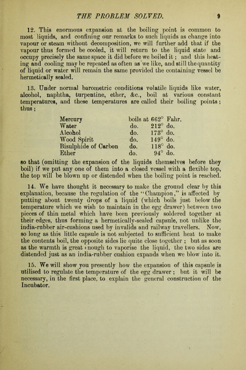 12. This enormous expansion at the boiling point is common to most liquids, and confining our remarks to such liquids as change into vapour or steam without decomposition, we will further add that if the vapour thus formed be cooled, it will return to the liquid state and occupy precisely the same space it did before we boiled it; and this heat- ing and cooling may be repeated as often as we like, and still the quantity of liquid or water will remain the same provided the containing vessel be hermetically sealed. 13. Under normal barometric conditions volatile liquids like water, alcohol, naphtha, turpentine, ether, &c., boil at various constant temperatures, and these temperatures are called their boiling points; thus; Mercury boils at 662° Fahr. Water do. 212° do. Alcohol do. 173° do. Wood Spirit do. 149° do. Bisulphide of Carbon do. 118° do. Ether do. 94° do. so that (omitting the expansion of the liquids themselves before they boil) if we put any one of them into a closed vessel with a flexible top, the top will be blown up or distended when the boiling point is reached. 14. We have thought it necessary to make the ground clear by this explanation, because the regulation of the “Champion,” is affected by putting about twenty drops of a liquid (which boils just below the temperature which we wish to maintain in the egg drawer) between two pieces of thin metal which have been previously soldered together at their edges, thus forming a hermetically-sealed capsule, not unlike the india-rubber air-cushions used by invalids and railway travellers. Now, so long as this little capsule is not subjected to sufficient heat to make the contents boil, the opposite sides lie quite close together ; but as soon as the warmth is great < nougli to vaporise the liquid, the two sides are distended just as an india-rubber cushion expands when we blow into it. 15. We will show you presently how the expansion of this capsule is utilised to regulate the temperature of the egg drawer ; but it will be necessary, in the first place, to explain the general construction of the Incubator.