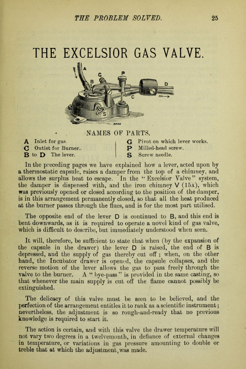 THE EXCELSIOR GAS VALVE. NAMES OF PARTS. A Inlet for gas. c Outlet for Burner.. B to D The lever. G Pivot on which lever works. P Milled-head screw. S Screw needle. In the preceding pages we have explained how a lever, acted upon by a thermostatic capsule, raises a damper from the top of a chimney, and allows the surplus heat to escape. In the ‘‘Excelsior Valve” system, the damper is dispensed with, and the iron chimney V (15a), which was previously opened or closed according to the position of the damper, is in this arrangement permanently closed, so that all the heat produced at the burner passes through the flues, and is for the most part utilised. The opposite end of the lever D is continued to B, and this end is bent downwards, as it is required to operate a novel kind of gas valve, which is difficult to describe, but immediately understood when seen. It will, therefore, be sufficient to state that when (by the expansion of the capsule in the drawer) the lever D is raised, the end of B is depressed, and the supply of gas thereby cut off ; when, on the other hand, the Incubator drawer is opened, the capsule collapses, and the reverse motion of the lever allows the gas to pass freely through the valve to the burner. A “ bye-pass ” is provided in the same casting, so that whenever the main supply is cut off the flame cannot possibly be extinguished. The delicacy of this valve must be seen to be believed, and the perfection of the arrangement entitles it to rank as a scientific instrument; nevertheless, the adjustment is so rough-and-ready that no previous knowledge is required to start it. The action is certain, and with this valve the drawer temperature will not vary two degrees in a twelvemonth, in defiance of external changes in temperature, or variations in gas pressure amounting to double or treble that at which the adjustment.was made,