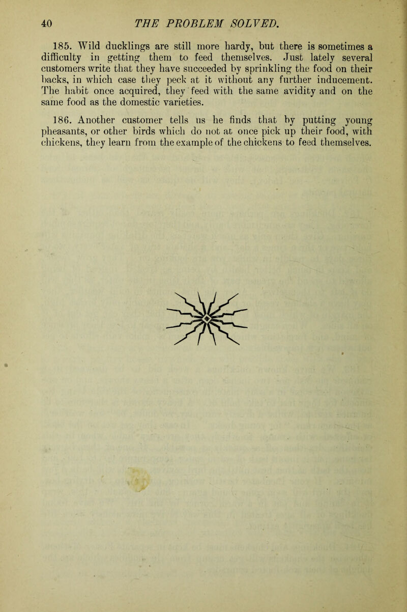 185. Wild ducklings are still more hardy, but there is sometimes a difficulty in getting them to feed themselves. Just lately several customers write that they have succeeded by sprinkling the food on their hacks, in which case they peck at it without any further inducement. The habit once acquired, they feed with the same avidity and on the same food as the domestic varieties. 186. Another customer tells us he finds that by putting young pheasants, or other birds which do not at once pick up their food, with chickens, they learn from the example of the chickens to feed themselves.