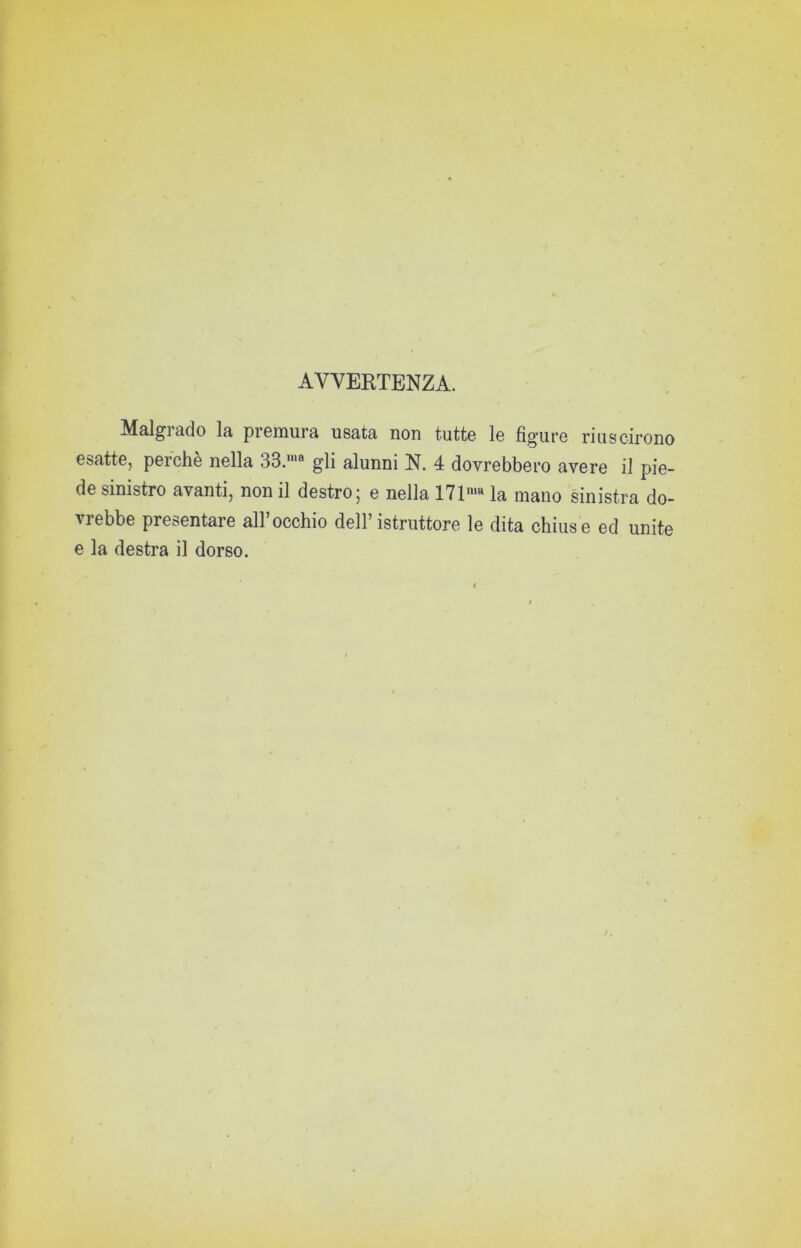 AVVERTENZA. Malgrado la premura usata non tutte le figure riuscirono esatte, perchè nella 33.’® gli alunni N. 4 dovrebbero avere il pie- de sinistro avanti, non il destro 5 e nella 171'® la mano sinistra do- vrebbe presentare all’occhio dell’istruttore le dita chiuse ed unite e la destra il dorso.