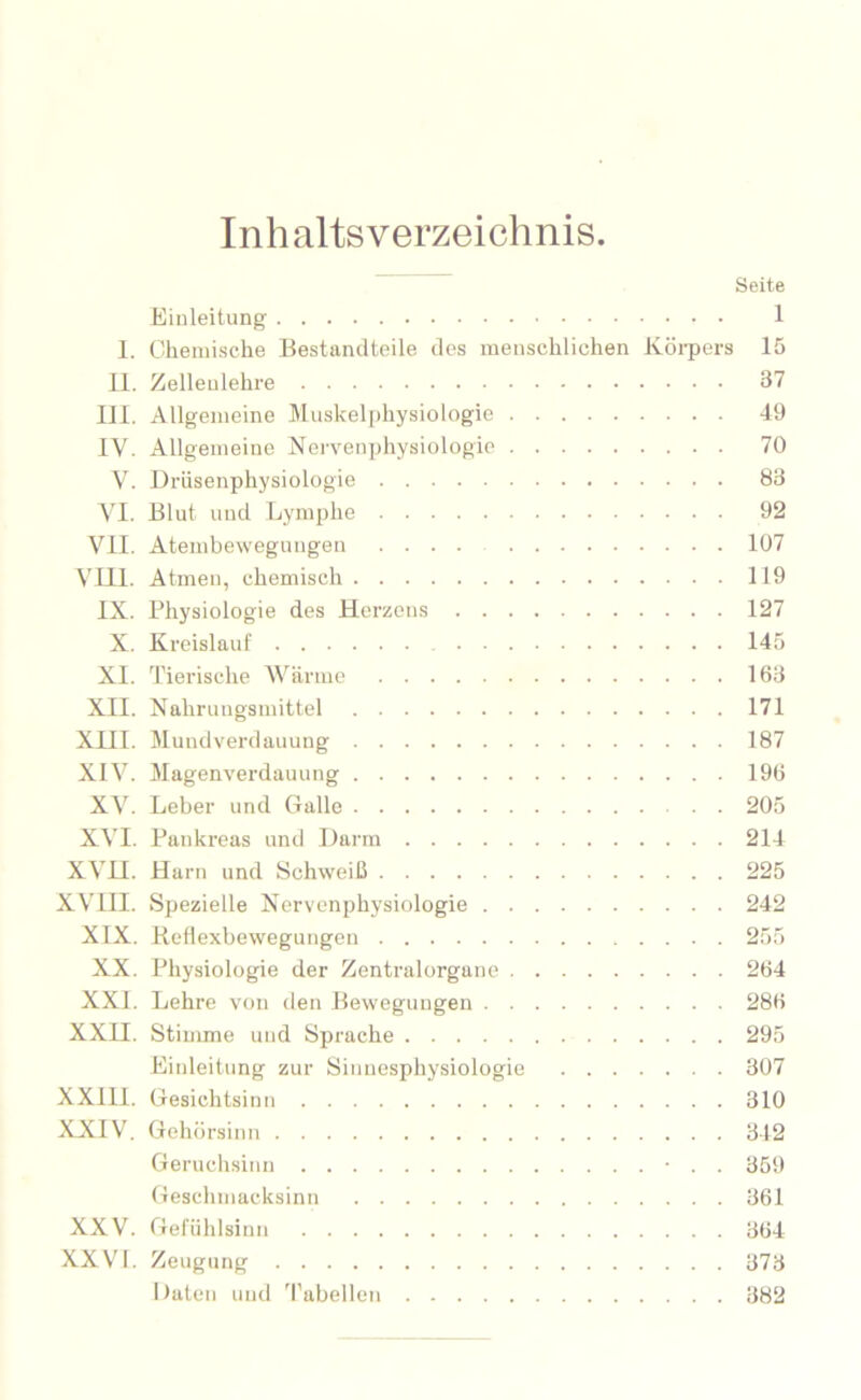 Inhaltsverzeichnis. Seite Einleitung 1 1. Chemische Bestandteile des menschlichen Köi-pers 15 II. Zellenlehre 37 III. Allgemeine Muskelphysiologie 49 IV. Allgemeine Nervenphysiologio 70 V. Drüsenphysiologie 83 VI. Blut und Lymphe 92 VII. Atembewegungen 107 VIII. Atmen, chemisch 119 IX. Physiologie des Herzens 127 X. Kreislauf 145 XI. Tierische Wärme 163 XII. Nahrungsmittel 171 XIII. Mundverdauung 187 XIV. Magenverdauung 196 XV. Leber und Galle 205 XVI. Pankreas und Darm 214 XVII. Harn und Schweiß 225 XVIII. Spezielle Nervenphysiologie 242 XIX. Keflexbewegungon 255 XX. Physiologie der Zentralorgane 264 XXI. Lehre von den Bewegungen 286 XXII. Stimme und Sprache 295 Einleitung zur Sinnesphysiologie 307 XXIII. Gesichtsinn 310 XXIV. Geh(‘irsinn 342 Geruchsinn ■ . . 359 Geschmacksinn 361 XXV. Gefühlsinn 364 XXV'l. Zeugung 373
