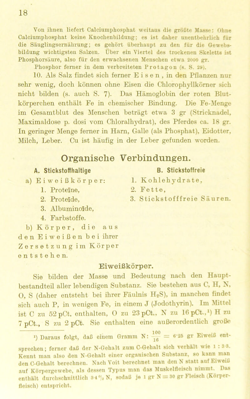 Von ihnen liefert Caleiumphosphat weitaus die größte Masse; Ohne Caloiumphosphat keine Knoclienbildung; es ist daher unentbehrlich für die Säuglingsernährung; es gehört überhaupt zu den für die Oewebs- bildung wichtigsten Salzen. Über ein Viertel des trockenen Skelette ist Phosphorsäui'e, also für den erwachsenen Menschen etwa 2000 gr. Phosphor ferner in dem verbreiteten Protagon (s. S. 29). 10. Als Salz findet sich ferner Eisen, in den Pflanzen nur sehr wenig, doch können olme Eisen die Chlorophyllkömer sich nicht bilden (s. auch S. 7). Das Hämoglobin der roten Blut- körperchen enthält Fe in chemischer Bindung. Die Fe-Menge im Gesamtblut des Menschen beträgt etwa 3 gr (Stricknadel, Maximaldose p. dosi vom Chloralhydrat), des Pferdes ca. 18 gr. In geringer Menge ferner in Ham, Galle (als Phosphat), Eidotter, Milch, Leber. Cu ist häufig in der Leber gefunden worden. Organisclie A. Stickstoffhaltige a) E i w e i ß k ö r p e r: 1. Proteine, 2. Proteide, 3. Albuminoide, 4. Farbstoffe. b) Körper, die aus den Eiweißen bei ihrer Zersetzung im Körper entstehen. Verbindungen. B. Stickstoffreie 1. Kohlehydrate, 2. Fette, 3. Stickstofffreie Säuren. Eiweißkörper. Sie bilden der Masse und Bedeutung nach den Haupt- bestandteil aller lebendigen Substanz. Sie bestehen aus C, H, N. O, S (daher entsteht bei ihrer Fäulnis HsS), in manchen findet sich auch P, in wenigen Fe, in einem J (Jodothwin). Im ISlittel ist C zu 52pCt. enthalten, O zu 23pCt.. N zu ICipCt..*) H zu 7 pCt., S zu 2 pCt. Sie enthalten eine außerordentUch große ’) Daraus folgt, daß einem Gramm N: = 6-25 gr Eiweiß ent- .spreolieii; ferner daß der N-Gebalt zum C-Gehalt sich verhält \\ie 1 . S S. Kennt man also den N-Gehalt einer organischen Substanz, so kann man den C-Gehalt berechnen. Nach Voit berechnet man den N statt auf Eiweiß auf Köntergewebe, als dessen Typus man das Muskelfleisch nimmt. Das enthält durchschnittlich .3-4'oN, sodaß ja 1 gr N = 30 gr Fleisch (Körper- fleisch) entspricht.