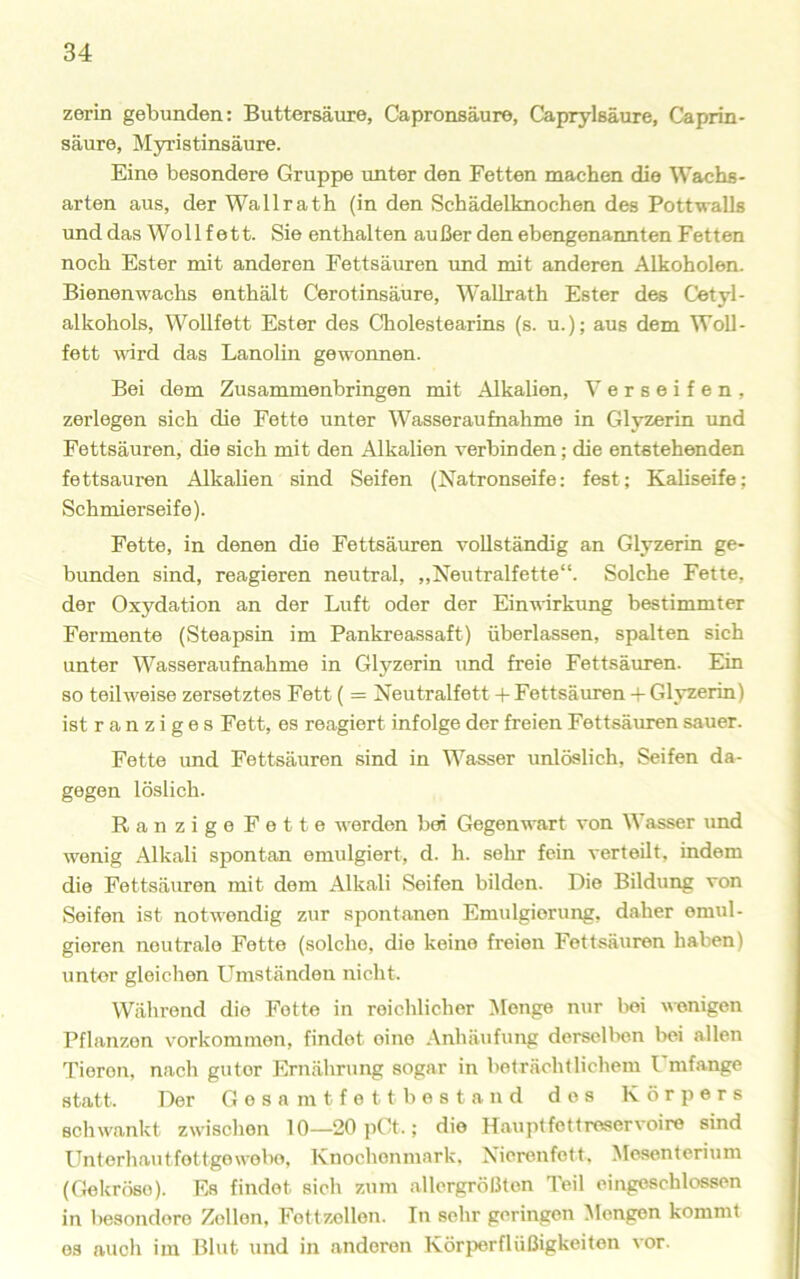 zorin gebunden: Buttersäure, Capronsäure, Caprylsäure, Caprin- säure, Myristinsäure. Eine besondere Gruppe unter den Fetten machen die Wachs- arten aus, der Wallrath (in den Schädelknochen des Pott-walls und das Wollfett. Sie enthalten außer den ebengenannten Fetten noch Ester mit anderen Fettsäuren und mit anderen Alkoholen. Bienenwachs enthält Cerotinsäure, Wallrath Ester des Cetyl- alkohols, Wollfett Ester des Cholestearins (s. u.); aus dem Woll- fett ward das Lanolin gewonnen. Bei dem Zusammenbringen mit Alkalien, Verseifen, zerlegen sich die Fette unter Wasser au fnahme in Glyzerin und Fettsäuren, die sich mit den Alkalien verbinden; die entstehenden fettsauren Alkalien sind Seifen (Natronseife: fest; Kaliseife; Schmierseife). Fette, in denen die Fettsäuren vollständig an Glyzerin ge- bunden sind, reagieren neutral, „Neutralfette“. Solche Fette, der Oxydation an der Luft oder der Ein\^^rkung bestimmter Fermente (Steapsin im Pankreassaft) überlassen, spalten sich unter Wasseraufnahme in Glyzerin und freie Fettsäuren. Ein so teilweise zersetztes Fett ( = Neutralfett -|- Fettsäuren -t- Glyzerin) ist r a n z i g e s Fett, es reagiert infolge der freien Fettsäuren sauer. Fette imd Fettsäuren sind in Wasser unlöslich, Seifen da- gegen löslich. Ranzige Fette werden bei Gegenwart von Wasser und wenig Alkali spontan emulgiert, d. h. sehr fein verteilt, indem die Fettsäuren mit dem Alkali Seifen bilden. Die Bildung von Seifen ist notwendig zur spontanen Emulgierung, daher emul- gieren neutrale Fette (solche, die keine freien Fettsäuren haben) unter gleichen Umständen nicht. Während die Fette in reichlicher Monge nur lioi wenigen Pflanzen Vorkommen, findet eine Anhäufung dersellxsn bei allen Tieren, nach guter Ernährung sogar in beträchtlichem Umfange statt. Der Gesa mtfott best and dos Körpers schwankt zwischen 10—20pCt.; die Hauptfottreservoire sind Unterhantfottgowobo, Knochonniark. Nierenfott. Mesenterium (Gekröse). Es findet sich zum allergrößten Teil eingeschlossen in besondere Zellen, Fett zollen. In selir geringen Mengen kommt es aucli im Blut und in anderen KöriJerflüßigkeiton vor.