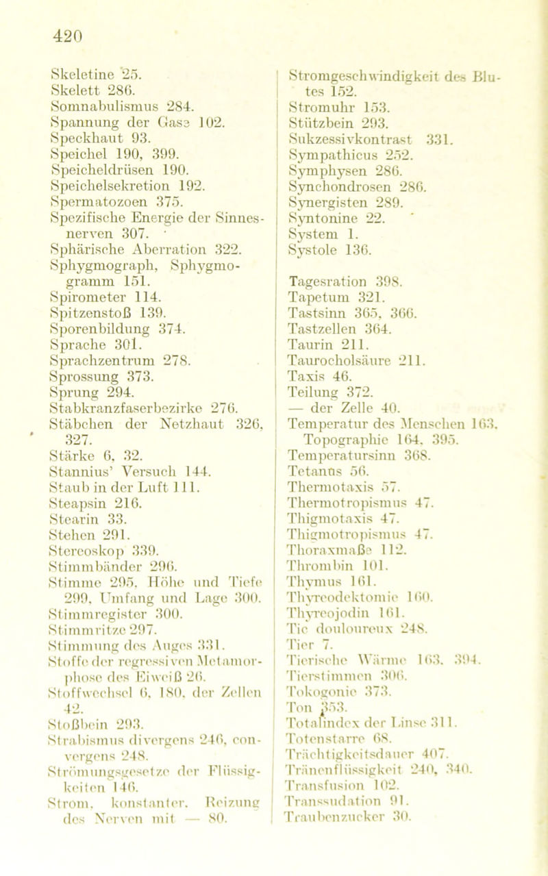 Skeletine 25. Skelett 280. Somncabulismus 284. Spannung der Gase 1U2. Speckhant 93. Speichel 190, 399. Speicheldrüsen 190. Speichelsekretion 192. Spermatozoen 375. Spezifische Energie der Sinnes- nerven 307. ■ Sphäri.sehe Aberration 322. Sphygmograph, Si^hygmo- gramm 151. Spirometer 114. Spitzenstoß 139. Sporenbildung 374. Sprache 301. Sprachzentrum 278. Sprossimg 373. Sprung 294. Stabkranzfaserbezirke 270. Stäbchen der Netzhaut 320. 327. Stärke 0, 32. Stannius’ Versuch 144. Staub in der Luft 111. Steapsin 210. Stearin 33. Stehen 291. Stereoskop 339. Stimml)ändcr 290. Stimme 295. llölie und 'Pich' 299. Umfang und Lage 300. Stimmregister 300. Stimmritze 297. Stimmung des .\uges 331. Stoffeder regressivr'u .Metamor- phose des Eiweiß 20. Stoffweelisel 0, 180. der Zellen 42. Stoßbein 293. Strabismus divergens 240, eon- vergens 248. Strömungsgesetze der Flüssig- keit('u 140. Strom, konstanter. Reizunc des Nei'vi'ii mit — SO. Stromgeschwindigkeit des Blu- tc.s 152. Stromuhr 153. Stützbein 293. Sukzessivkontrast 331. Sympathicus 252. Symphysen 280. Synchondrosen 280. Sjmergisten 289. Sj^ntonine 22. System 1. Systole 130. Tagesration 398. Tapetum 321. Tastsinn 305, 300. Tastzellen 304. Taurin 211. Taurocholsäure 211. Taxis 40. Teilung 372. — der Zelle 40. Temperatur des Menschen 103. Topographie 104. 395. Temperatursinn 308. Tetanns 50. Thermotaxis 57. Thermotropismus 47. Thigmotaxis 47. 'Phismotropismus 47. Thoraxmaße 112. 'Phrombin 101. 4'hymus 101. Th^Toodektomie 1 Pill. 'PlnTeojodin 101. Tic douloureux 248. 'Pier 7. 'Pierisehe Wärme 103. 3!t4. ’Pierslimmen 300. 'Pokogonie 373. 'Pon i?53. ’Potalindex der Linse 311. Totenstarre 08. Träehtigkeit.sdaner 4(i7. 'Pränenflüssigkeit 240, 340. ■Pransfusion 102. ’Pranssudation 91. 'Praubenzueker 30.