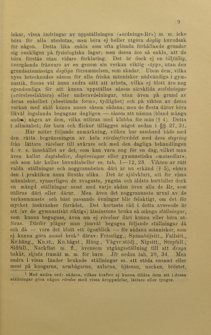 lekar, vissa ändringar av uppställningen (»ordnings-Kr») m. m. icke böra för alla uteslutas, men böra ej heller utgöra daglig huvudsak för någon. Detta lika enkla som ofta glömda förhållande grundar sig onekligen på f3rsiologiska lagar; men dessa äro så enkla, att de böra förstås utan vidare förklaring. Det är dock ej en tillfällig, övergående frånvaro av en genom sin verkan viktig »typ», utan den grundsatsmässiga dagliga försummelsen, som skadar. Utom dem, vilka nyss betecknades såsom för alla friska människor nödvändiga i gym- nastik, finnas väl ännu andra sätt att arbeta, vilka ej blott äro nog egendomliga för att kunna uppställas såsom särskilda avdelningar (»rörelsesläkter») eller underavdelningar, utan även på grund av deras enkelhet (»bestämda form», tydlighet) och på vikten av deras verkan med skäl kunna anses såsom sådana; men de flesta därav böra likväl ingalunda begagnas dagligen — såsom att nämna (bland många andnft) några av dem, vilka utföras med klubba för män (f 4). Detta i allmänhet; för barn och flickor tillägges något nedan i §§ 27, 31. Här möter följande anmärkning, vilken har samband både med den rätta begränsningen av hela rörelseförrådet med dess stegring från lättare rörelser till svårare och med den dagliga behandlingen d. v. s. innehållet av det, som kan vara nog för en dag, vilket man även kallat dagtabeller, dagövningar eller gymnastiska »matsedlar», och som här kallas huvudtabeller ss. tab. 1—12, 23. Vikten av rätt valda ställningar och noggrannheten däri är nu erkänd (f 5), ehuru den i praktiken ännu förstås olika. Det är självklart, att för vissa människor, synnerligen de svagaste, yngsta och äldsta bortfaller dock en mängd ställningar samt med varje sådan även alla de Rr, som utföras däri eller därur. Men även det noggrannaste urval av de verksammaste och bäst passande övningar blir felaktigt, om det för mycket inskränker förrådet. Det kortaste råd i detta avseeode är att (av de gymnastiskt riktiga) åtminstone bruka så många ställningar, som kunna begagnas, även om ej rörelser däri kunna eller böra ut- föras. Därför plägar man jämväl begagna följande ställningar då och då — vore det blott ett ögonblick — för sådana människor, som ej kunna göra annat bruk1 därav: Framligg., Spännböjsitt., Fallsitt., Kr.häng., Kn.st., Kn.bågst., Häng., Vågvr.stödj., Nigsitt., Stupfall., Sidfall., Nackfäst m. fl., ävensom utgångsställning till att draga bakåt, skjuta framåt m. m. för barn. Jfr nedan tab. 29, 34. Men andra i vissa länder brukade ställningar ss. att stöda ensamt eller mest på knogarna, armbågarna, axlarna, hjässan, nacken, bröstet, 1 Med andra ord: sådana, vilkas krafter ej kunna tillåta dem att i dessa ställningar göra någon rörelse med vissa kroppsdelar, lättare eller tyngre.