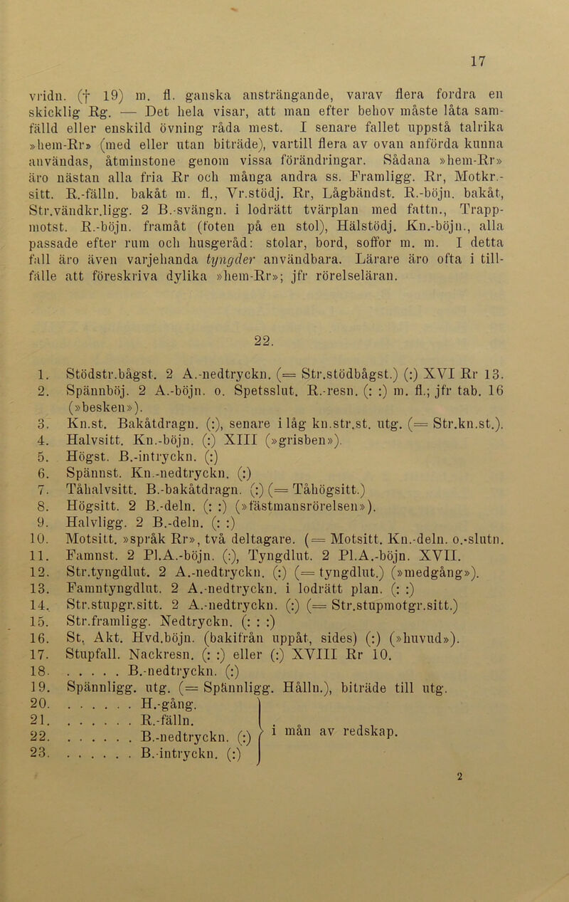 vridn. (f 19) m. fl. ganska ansträngande, varav flera fordra en skicklig Hg. — Det hela visar, att man efter behov måste låta sam- fälld eller enskild övning råda mest. I senare fallet uppstå talrika »hem-Rr» (med eller utan biträde), vartill flera av ovan anförda kunna användas, åtminstone genom vissa förändringar. Sådana »hem-Rr» äro nästan alla fria Rr och måuga andra ss. Framligg. Rr, Motkr.- sitt. R.-fällu. bakåt m. fl., Vr.stödj. Rr, Lågbändst. R.-böjn. bakåt, Str.vändkr.ligg. 2 B.-svängn. i lodrätt tvärplan med fattn., Trapp- motst. R.-böjn. framåt (foten på en stol), Hälstödj. Kn.-böjn., alla passade efter rum och husgeråd: stolar, bord, soffor m. m. I detta fall äro även varjehanda tyngder användbara. Lärare äro ofta i till- fälle att föreskriva dylika »hem-Rr»; jfr rörelseläran. 22. 1. Stödstr.bågst. 2 A.-nedtryckn. (= Str.stödbågst.) (:) XVI Rr 13. 2. Spännböj. 2 A.-böjn. o. Spetsslut. R.-resn. (: :) m. fl.; jfr tab. 16 (»besken»). 3. Kn.st. Bakåtdragu. (:), senare i låg kn.str.st. utg. (= Str.kn.st.). 4. Halvsitt. Kn.-böjn. (:) XIII (»grisben»). 5. Högst. B.-intryckn. (:) 6. Spännst. Kn.-nedtryckn. (:) 7. Tåhalvsitt. B.-bakåtdragn. (:) (= Tåhögsitt.) 8. Högsitt. 2 B.-deln. (: :) (»fästmausrörelsen»), 9. Halvligg. 2 B.-deln. (: :) 10. Motsitt. »språk Rr», två deltagare. (== Motsitt. Kn.-deln. o.-slutn. 11. Famnst. 2 Pl.A.-böjn. (:), Tyngdlut. 2 Pl.A.-böjn. XVII. 12. Str.tyngdlut. 2 A.-nedtryckn. (:) (= tyngdlut.) (»medgång»). 13. Famntyngdlut. 2 A.-nedtryckn. i lodrätt plan. (: :) 14. Str.stupgr.sitt. 2 A.-nedtryckn. (;) (= Str.stupmotgr.sitt.) 15. Str.framligg. Nedtryckn. (: : :) 16. St. Akt. Hvd.böjn. (bakifrån uppåt, sides) (:) (»huvud»). 17. Stupfall. Nackresn. (: :) eller (:) XVIII Rr 10. 18 B.-nedtryckn. (:) 19. Spännligg. utg. (= Spännligg. Hålln.), biträde till utg. 20 H.-gång. 21 R.-fälln. . . 22 B.-nedtryckn. (:) ( 1 man av lec^s^aP> 23 B.-intryckn. (:) 2