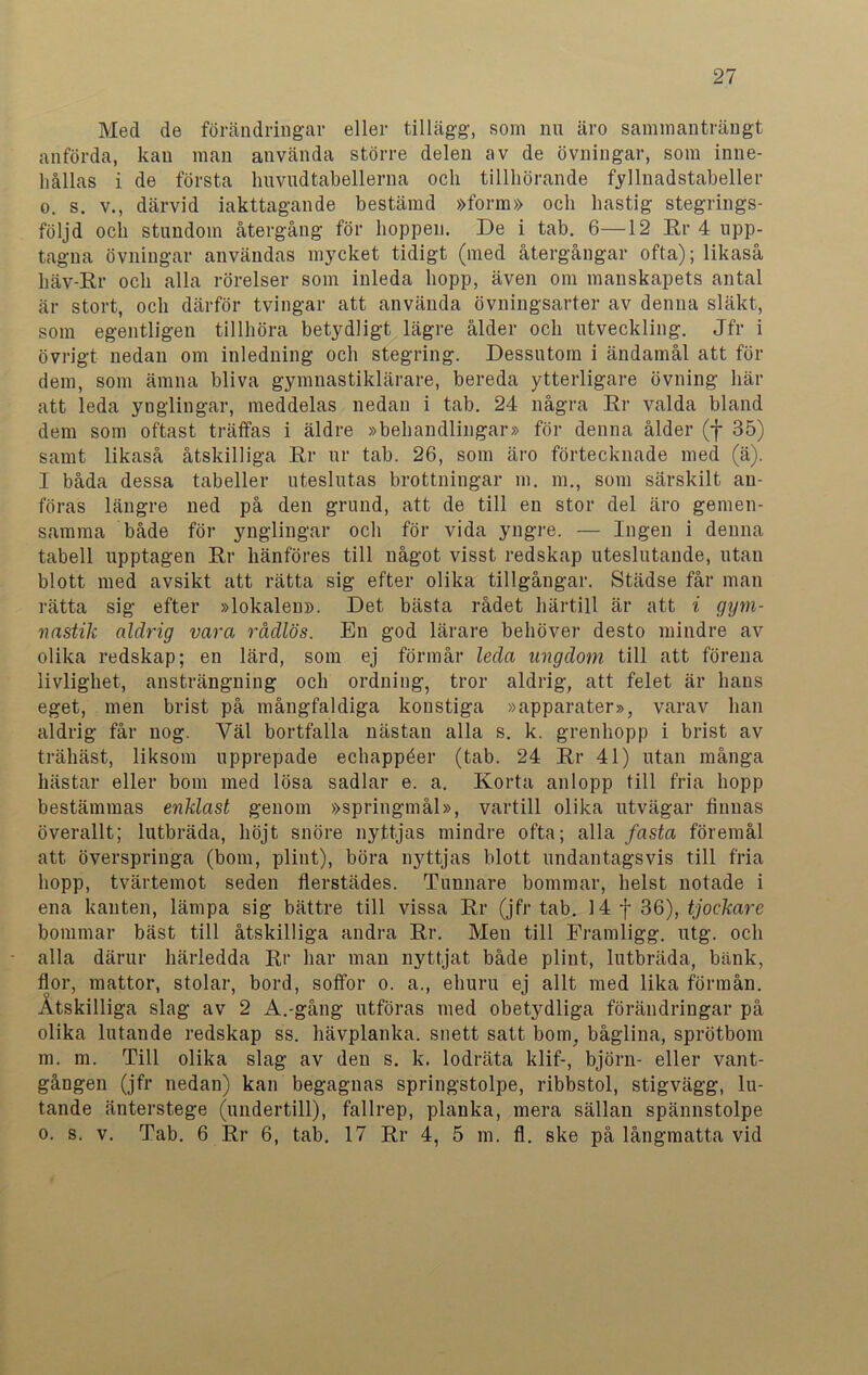 Med de förändringar eller tillägg, som nu äro sammanträngt anförda, kan man använda större delen av de övningar, som inne- hållas i de första Imvudtabellerna och tillhörande fyllnadstabeller o. s. v., därvid iakttagande bestämd »form» och hastig stegrings- följd och stundom återgång för hoppen. De i tab. 6—12 Er 4 upp- tagna övningar användas mycket tidigt (med återgångar ofta); likaså häv-Er och alla rörelser som inleda hopp, även om manskapets antal är stort, och därför tvingar att använda övningsarter av denna släkt, som egentligen tillhöra betydligt lägre ålder och utveckling. Jfr i övrigt nedan om inledning och stegring. Dessutom i ändamål att för dem, som ämna bliva gymnastiklärare, bereda ytterligare övning här att leda ynglingar, meddelas nedan i tab. 24 några Er valda bland dem som oftast träffas i äldre »behandlingar» för denna ålder (f 35) samt likaså åtskilliga Er ur tab. 26, som äro förtecknade med (ä). I båda dessa tabeller uteslutas brottningar m. m., som särskilt an- föras längre ned på den grund, att de till en stor del äro gemen- samma både för ynglingar och för vida yngre. — Ingen i denna tabell upptagen Er hänföres till något visst redskap uteslutande, utan blott med avsikt att rätta sig efter olika tillgångar. Städse får man rätta sig efter »lokalen». Det bästa rådet härtill är att i gym- nastik aldrig vara rådlös. En god lärare behöver desto mindre av olika redskap; en lärd, som ej förmår leda ungdom till att förena livlighet, ansträngning och ordning, tror aldrig, att felet är hans eget, men brist på mångfaldiga konstiga »apparater», varav han aldrig får nog. Yäl bortfalla nästan alla s. k. grenhopp i brist av trähäst, liksom upprepade echappéer (tab. 24 Er 41) utan många hästar eller bom med lösa sadlar e. a. Korta anlopp till fria hopp bestämmas enklast genom »springmål», vartill olika utvägar finnas överallt; lutbräda, höjt snöre nyttjas mindre ofta; alla fasta föremål att överspringa (bom, plint), böra nyttjas blott undantagsvis till fria hopp, tvärtemot seden flerstädes. Tunnare bommar, helst notade i ena kanten, lämpa sig bättre till vissa Er (jfr tab. 14 f 36), tjockare bommar bäst till åtskilliga andra Er. Men till Framligg. utg. och alla därur härledda Er har man nyttjat både plint, lutbräda, biink, flor, mattor, stolar, bord, soffor o. a., ehuru ej allt med lika förmån. Åtskilliga slag av 2 A.-gång utföras med obetydliga förändringar på olika lutande redskap ss. hävplanka. snett satt bom, båglina, sprötbom m. m. Till olika slag av den s. k. lodräta klif-, björn- eller vant- gången (jfr nedan) kan begagnas springstolpe, ribbstol, stigvägg, lu- tande änterstege (undertill), fallrep, planka, mera sällan spännstolpe o. s. v. Tab. 6 Er 6, tab. 17 Er 4, 5 m. fl. ske på långmatta vid